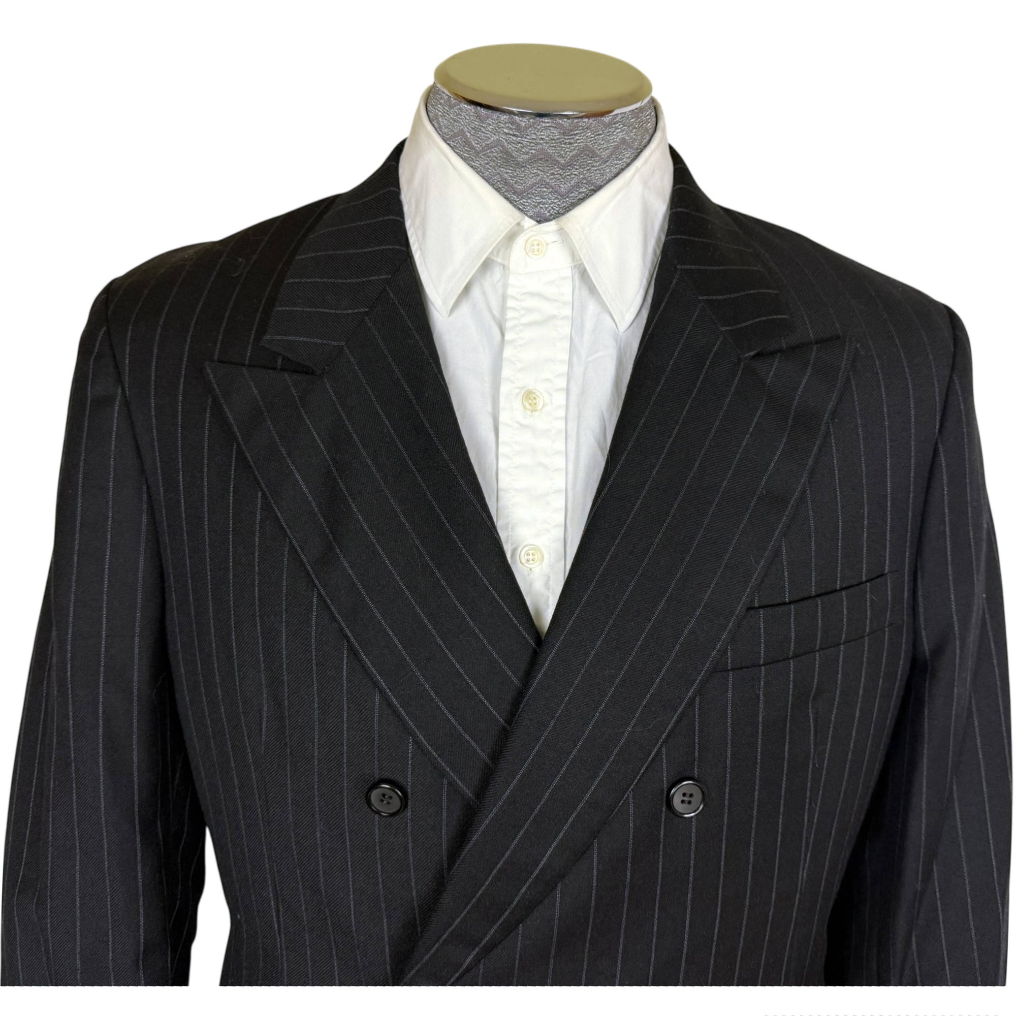 Vintage 1970s Suit Double Breasted Grey Pinstriped Black Mens Sz M