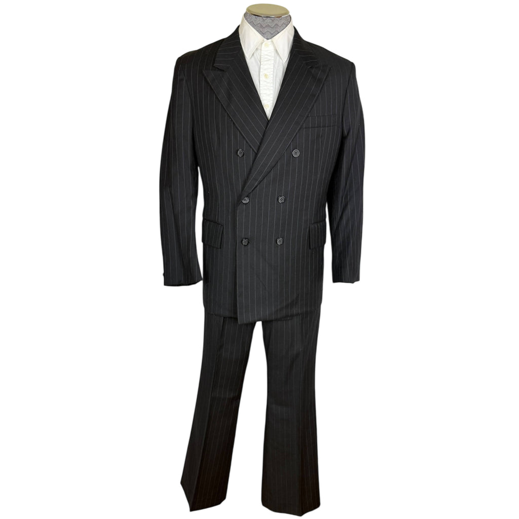 Vintage 1970s Suit Double Breasted Grey Pinstriped Black Mens Sz M