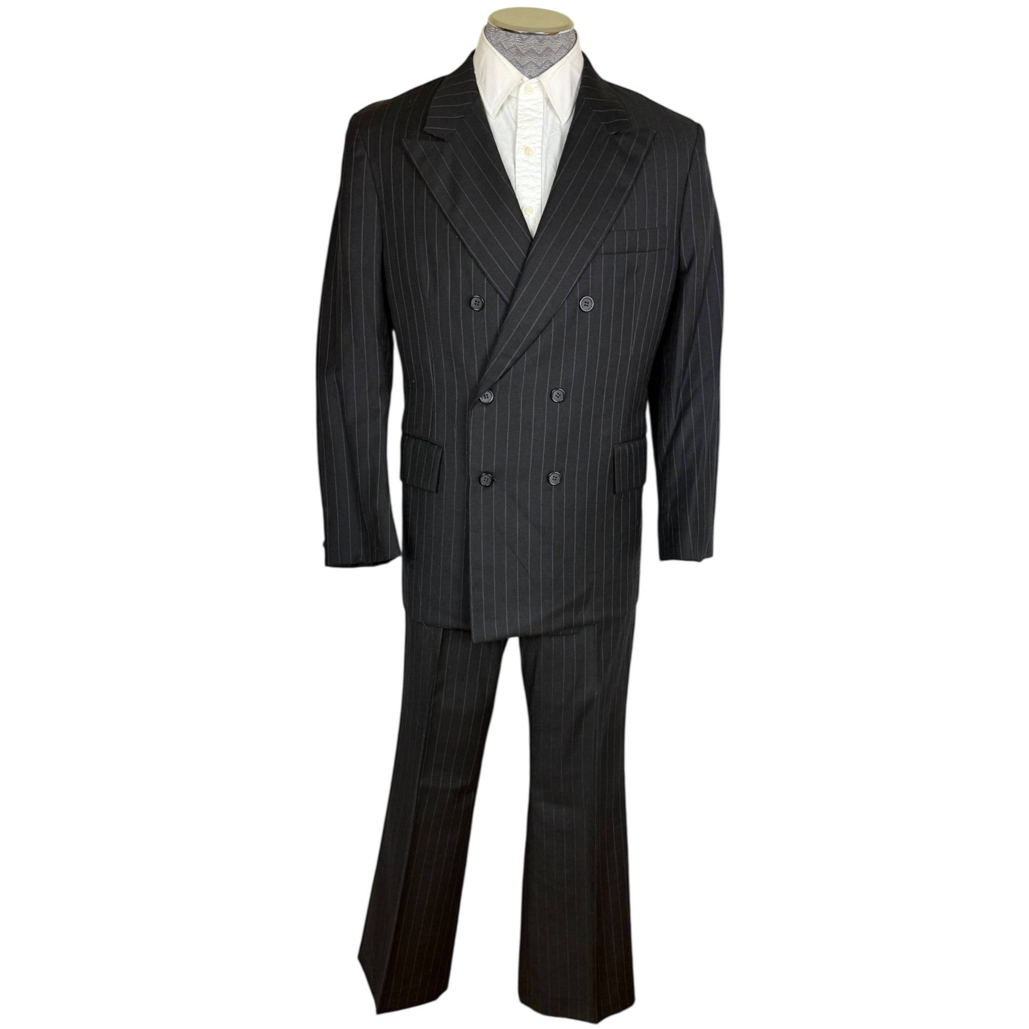 Vintage 1970s Suit Double Breasted Grey Pinstriped Black Mens Sz M
