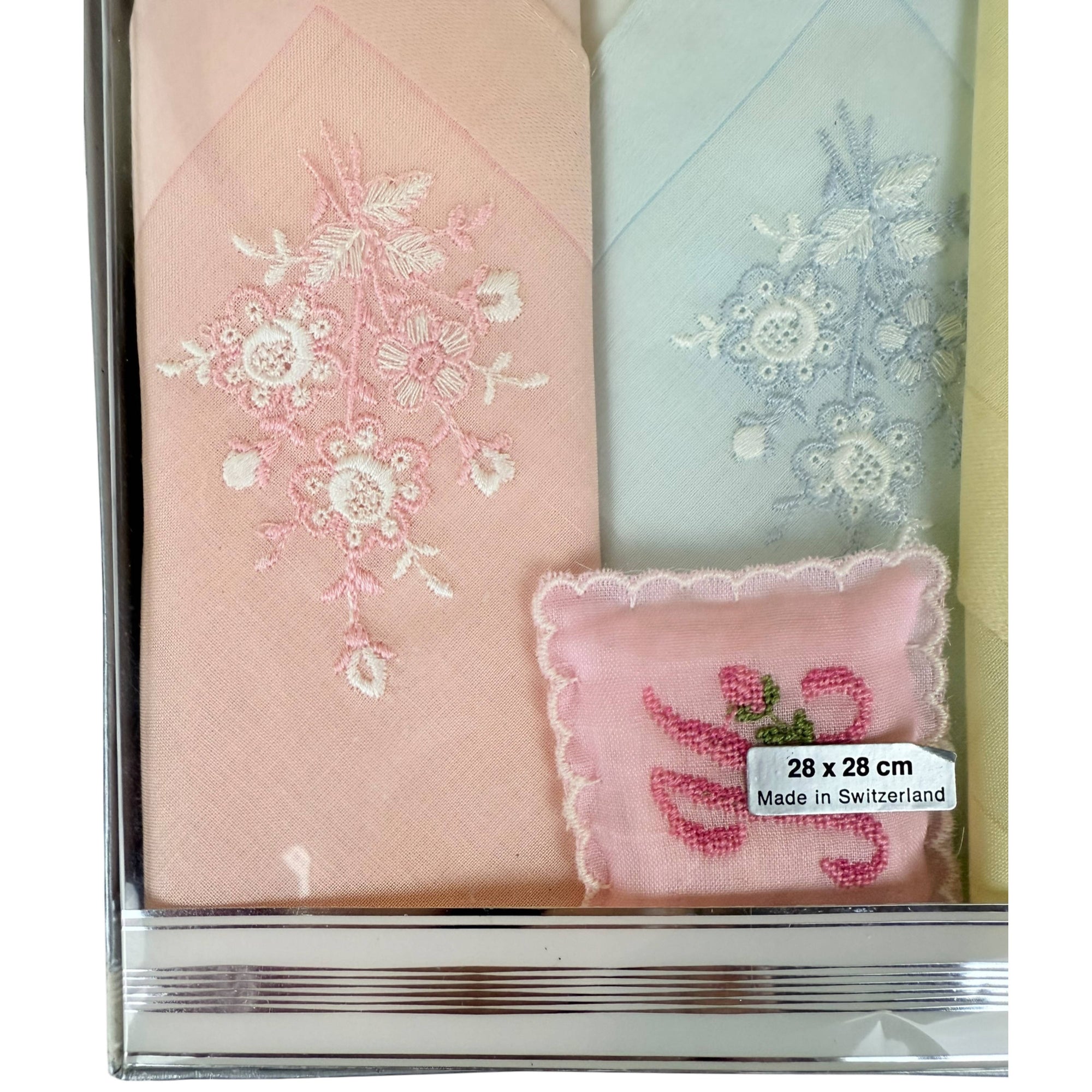 3 Vintage 1960s Swiss Hankies Unused Cotton Embroidered Handkerchiefs NIP