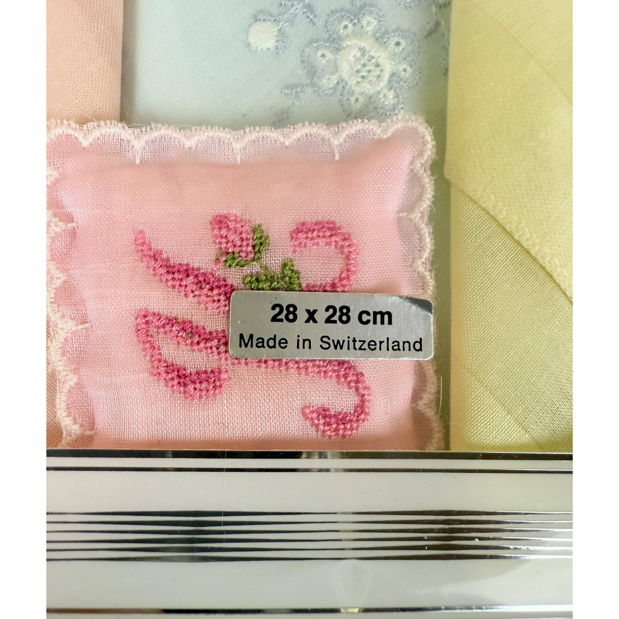 3 Vintage 1960s Swiss Hankies Unused Cotton Embroidered Handkerchiefs NIP