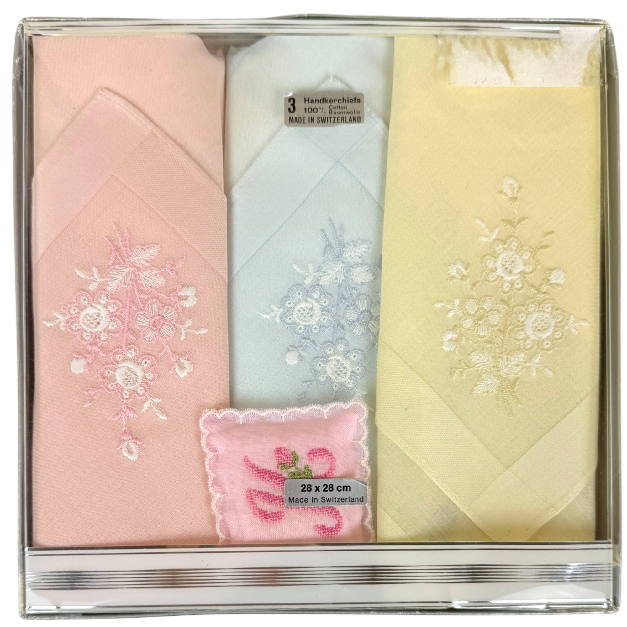 3 Vintage 1960s Swiss Hankies Unused Cotton Embroidered Handkerchiefs NIP