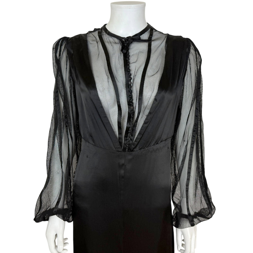 Vintage 1930s Evening Gown in Satin and Netted Lace Size L