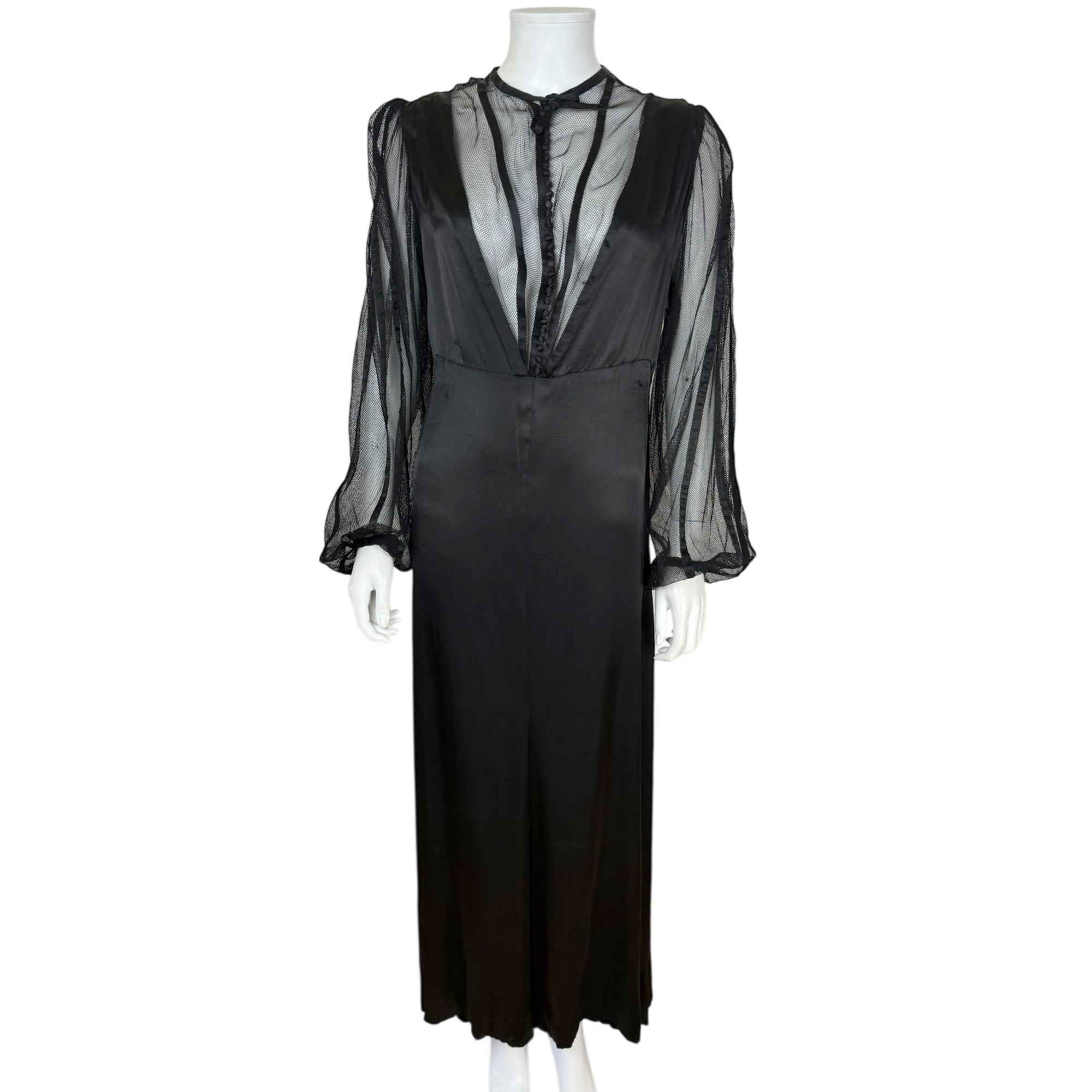 Vintage 1930s Evening Gown in Satin and Netted Lace Size L