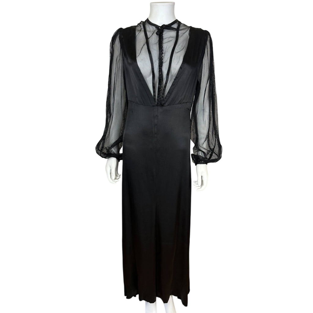 Vintage 1930s Evening Gown in Satin and Netted Lace Size L