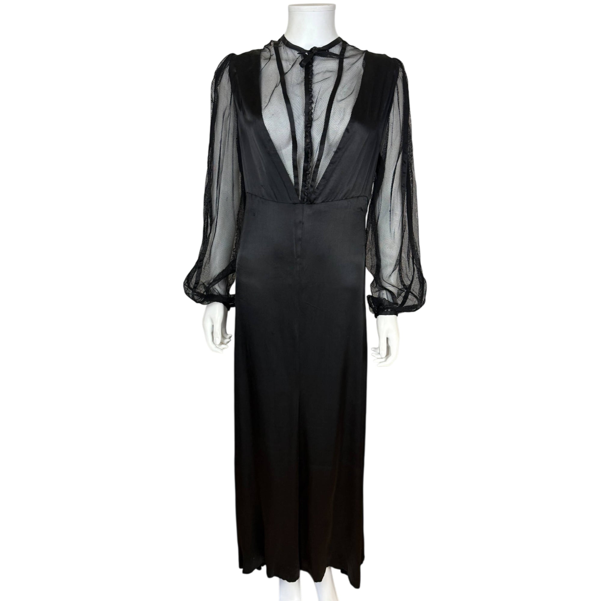 Vintage 1930s Evening Gown in Satin and Netted Lace Size L