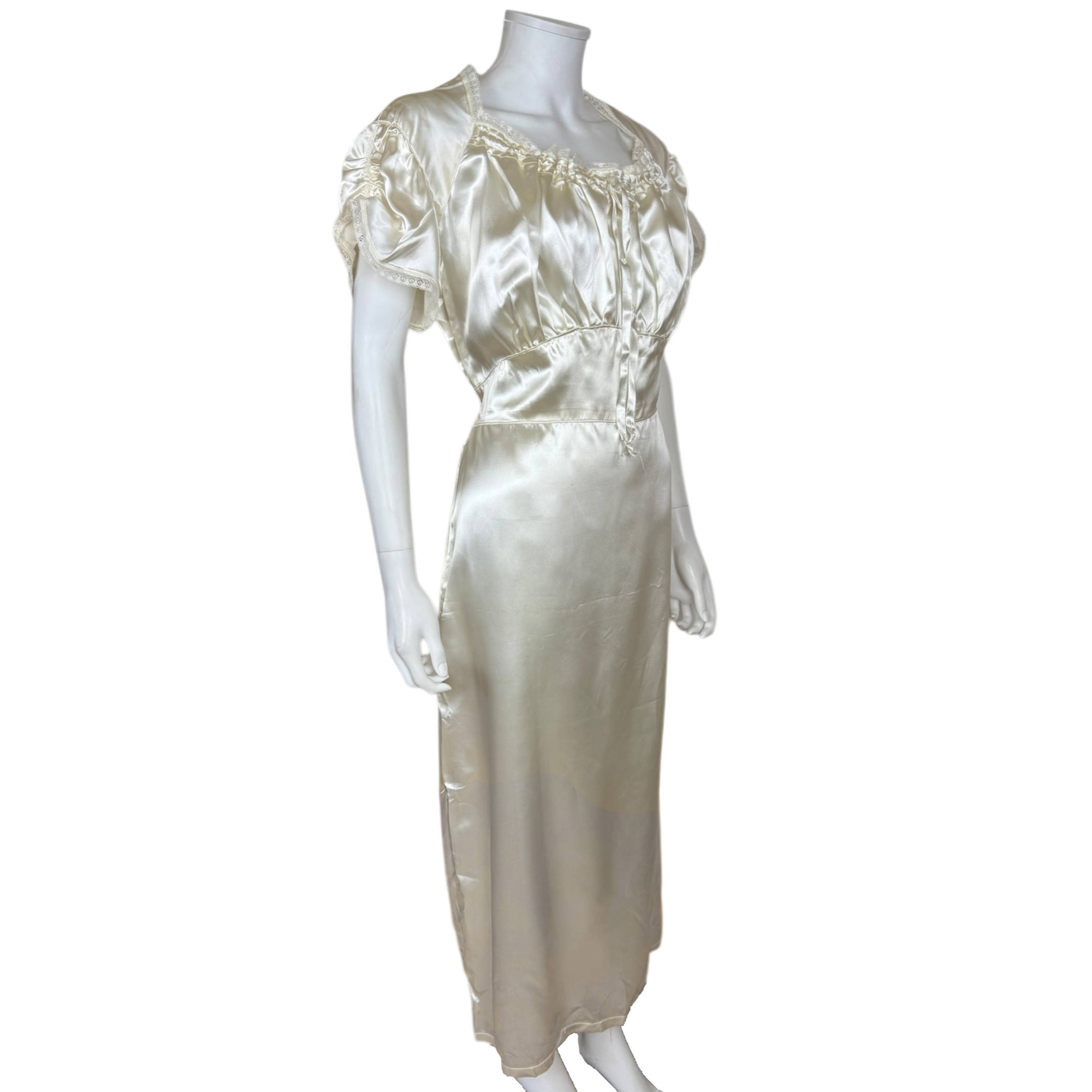 Vintage 1940s Satin Nightgown Gathered Bodice Nightie Size L