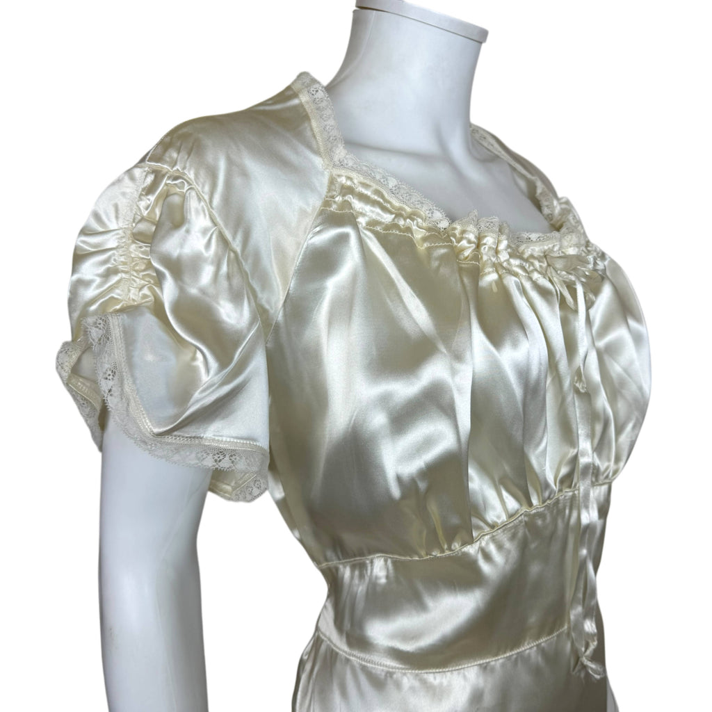 Vintage 1940s Satin Nightgown Gathered Bodice Nightie Size L