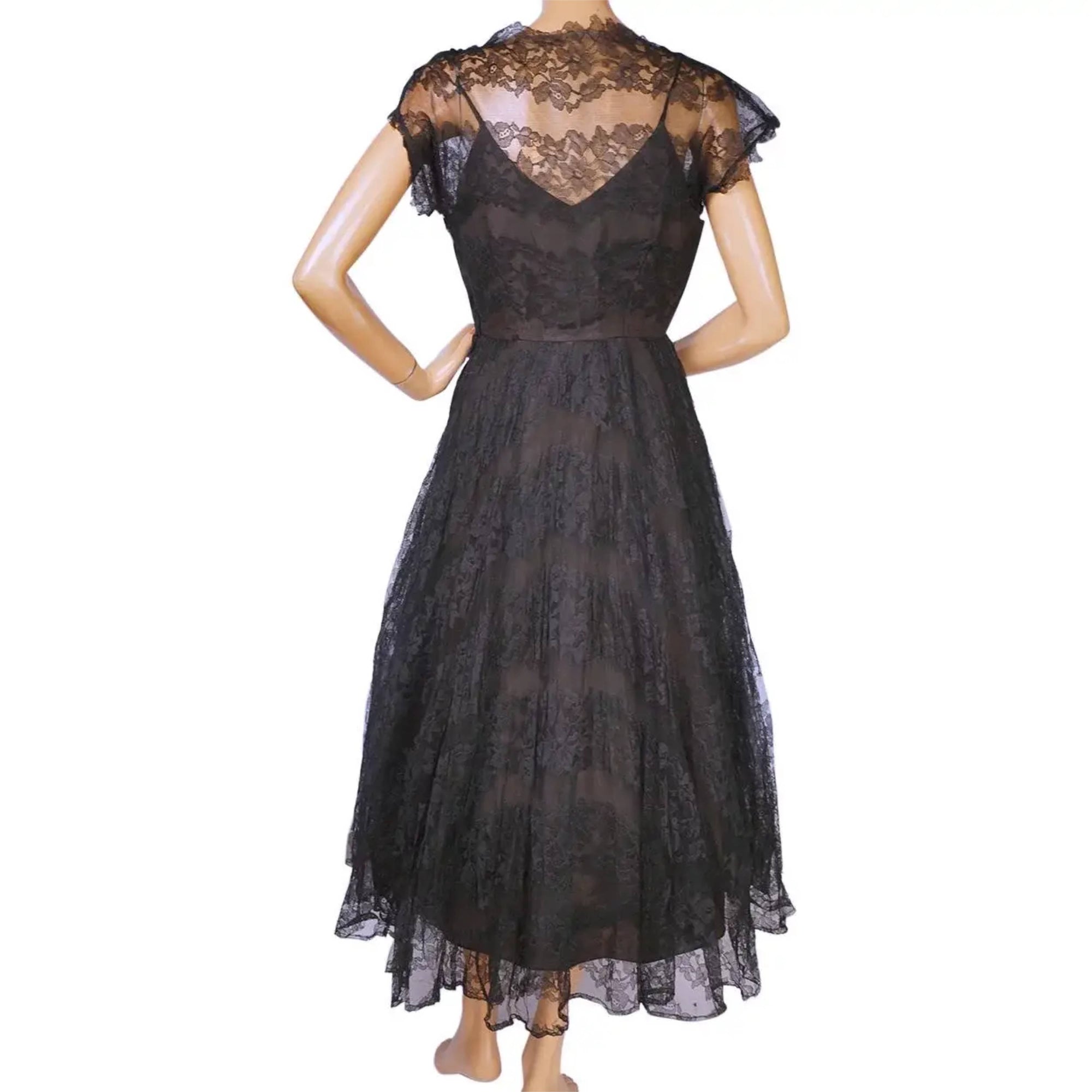 Vintage 1950s Lace Dress Black Chantilly Evening Gown Size M