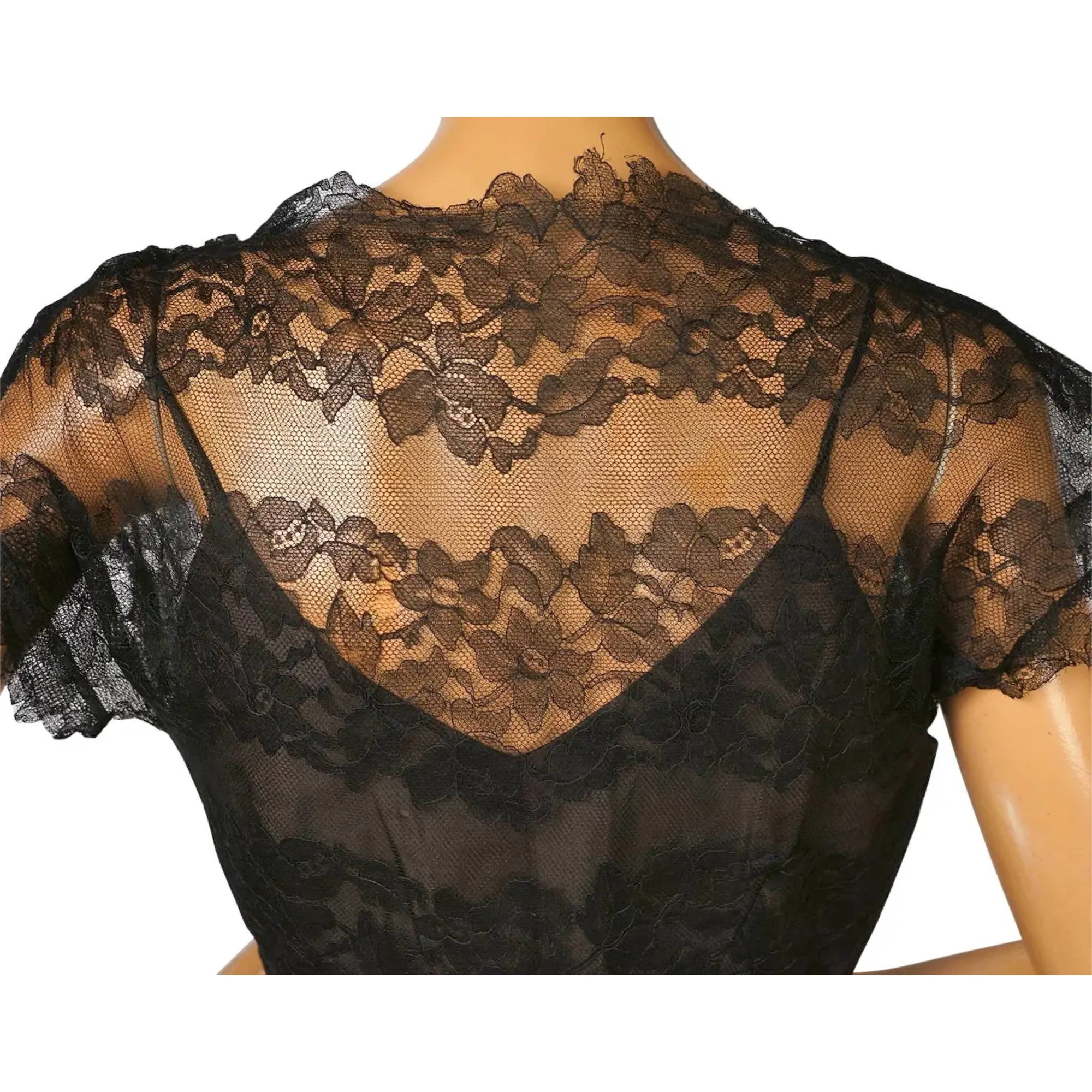Vintage 1950s Lace Dress Black Chantilly Evening Gown Size M