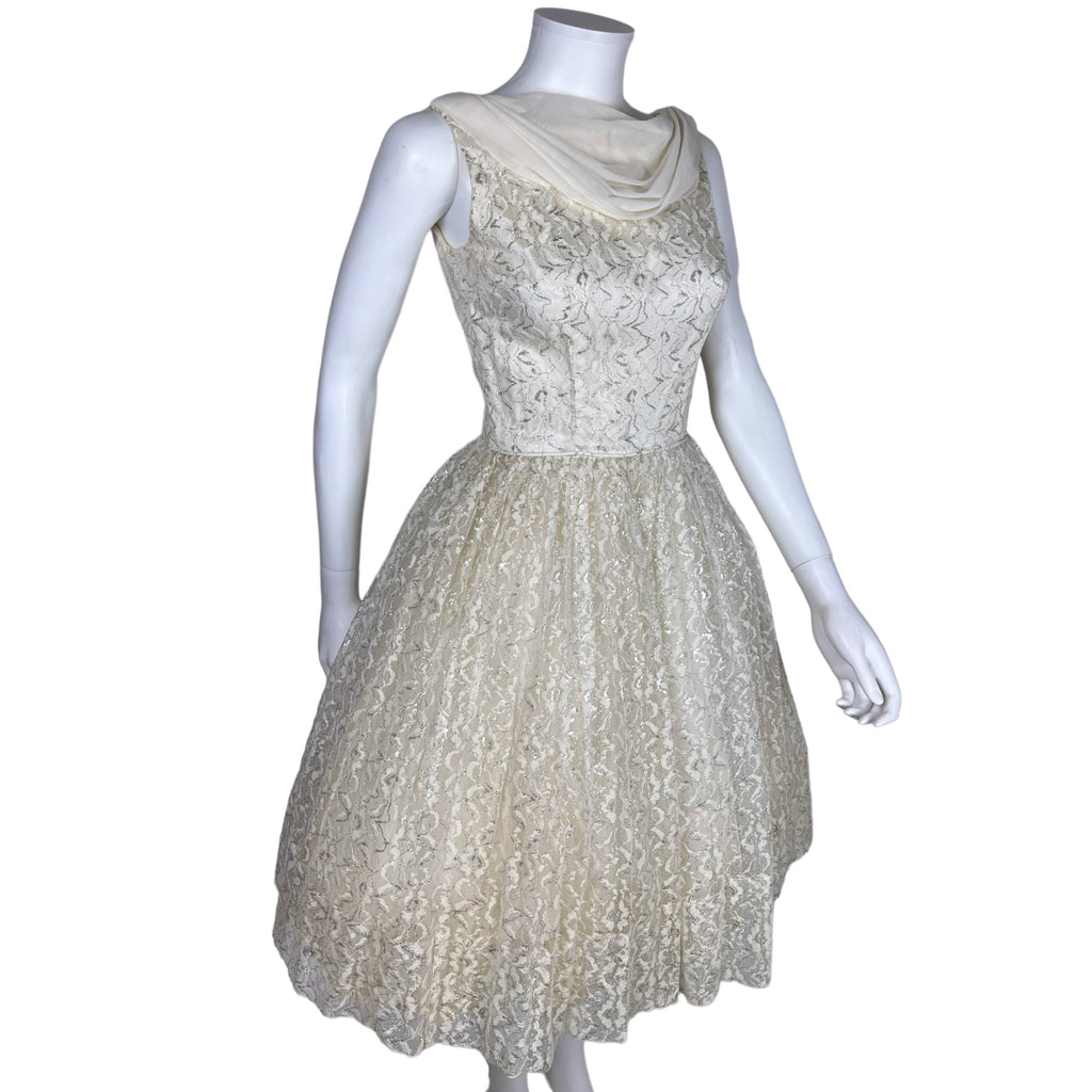 Vintage 1950s Party Dress Metallic White Lace & Taffeta Sz S