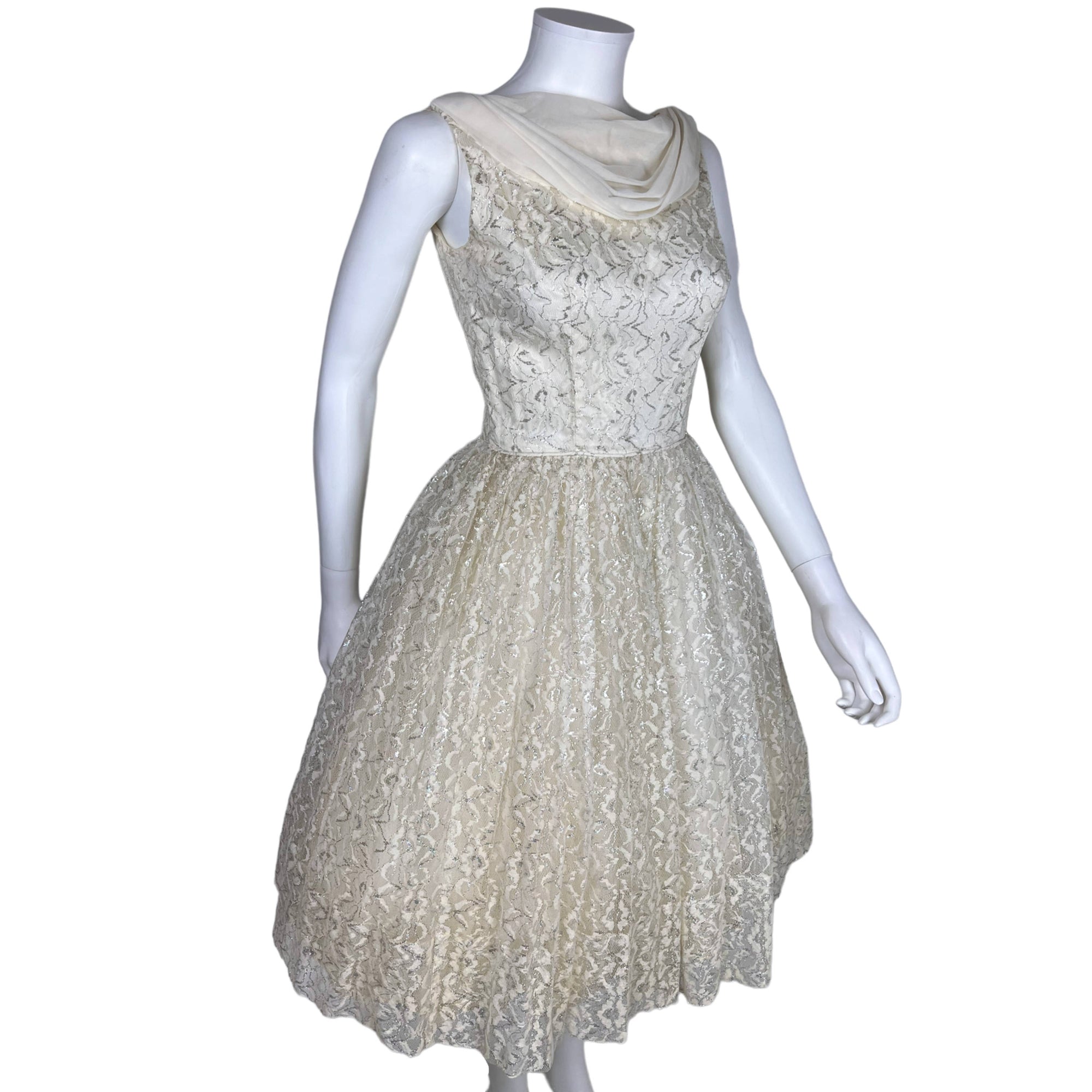 Vintage 1950s Party Dress Metallic White Lace & Taffeta Sz S