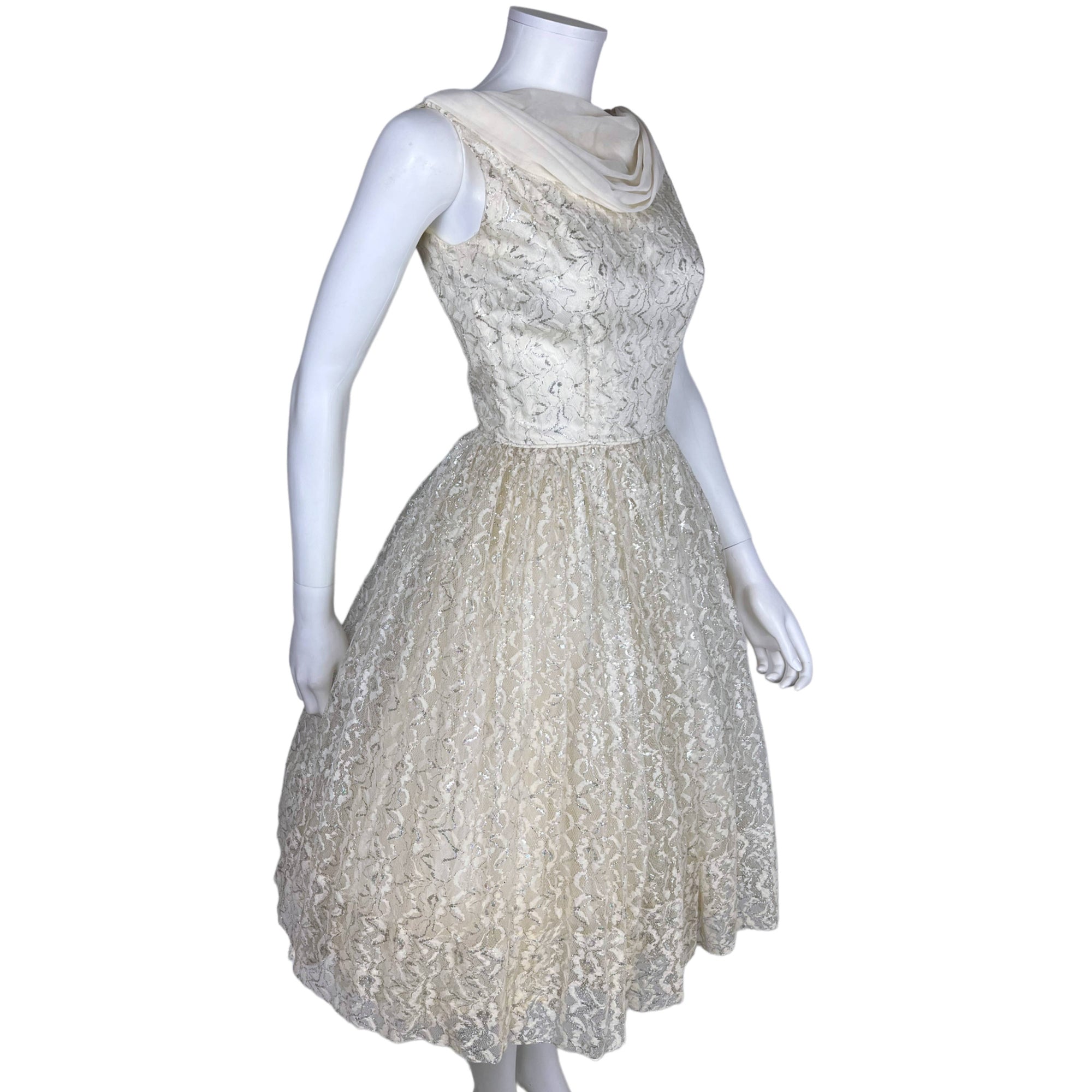 Vintage 1950s Party Dress Metallic White Lace & Taffeta Sz S