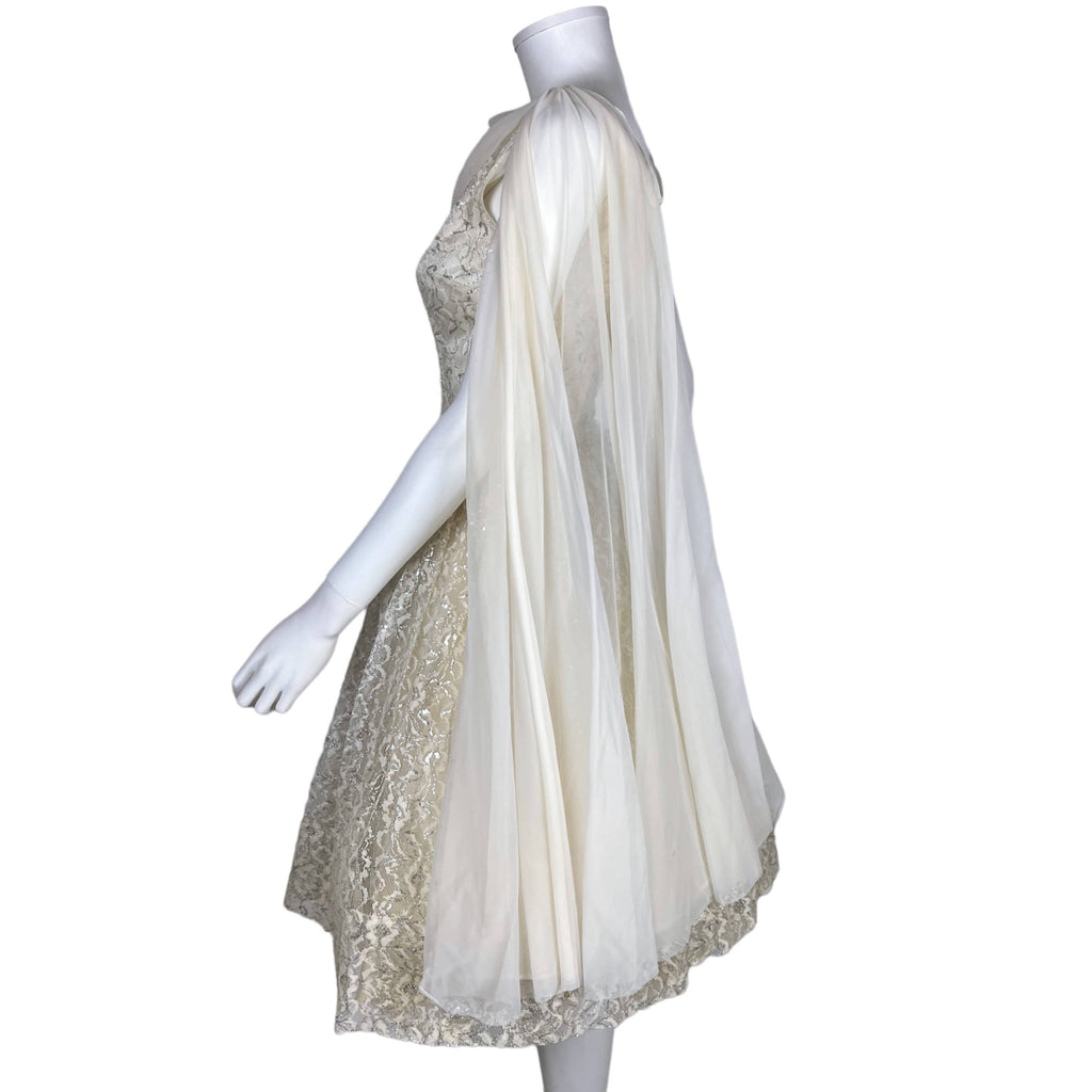 Vintage 1950s Party Dress Metallic White Lace & Taffeta Sz S