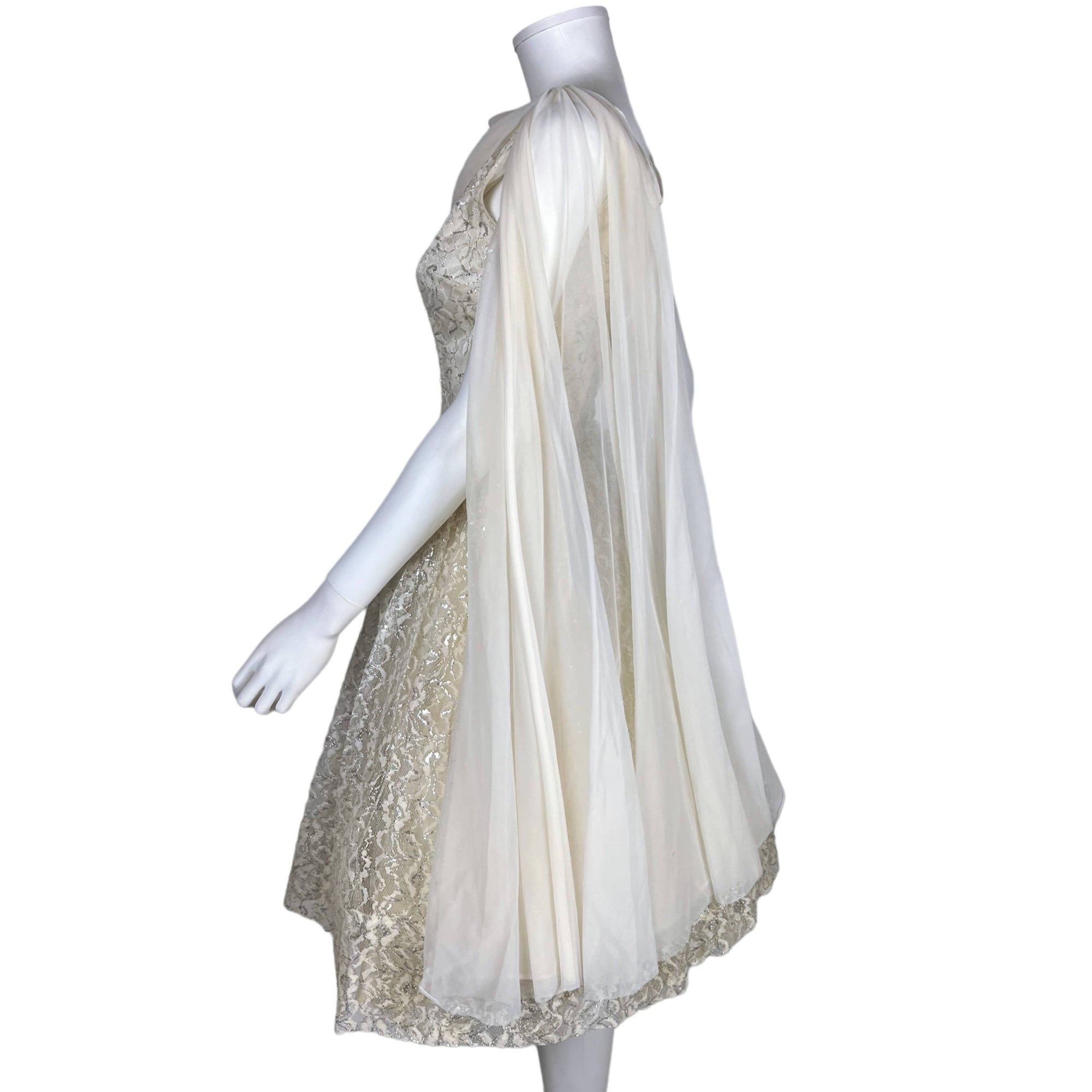 Vintage 1950s Party Dress Metallic White Lace & Taffeta Sz S