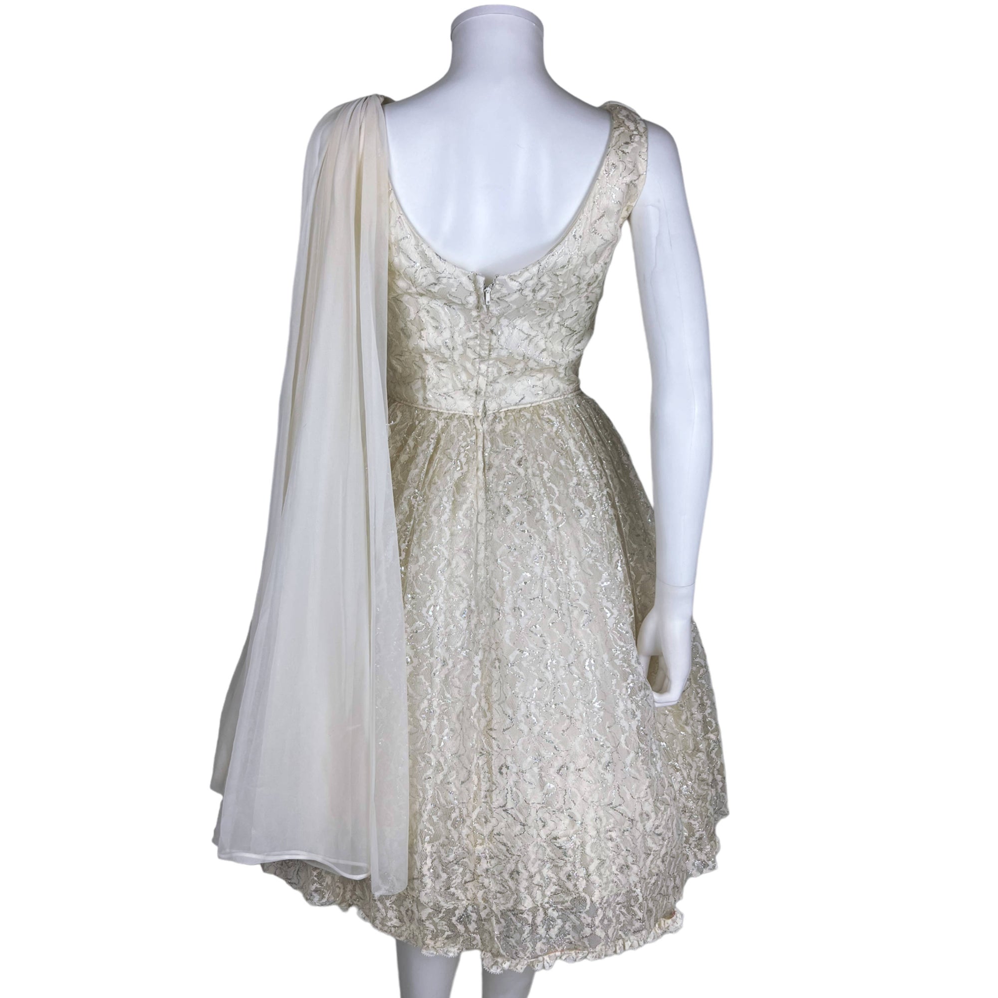 Vintage 1950s Party Dress Metallic White Lace & Taffeta Sz S
