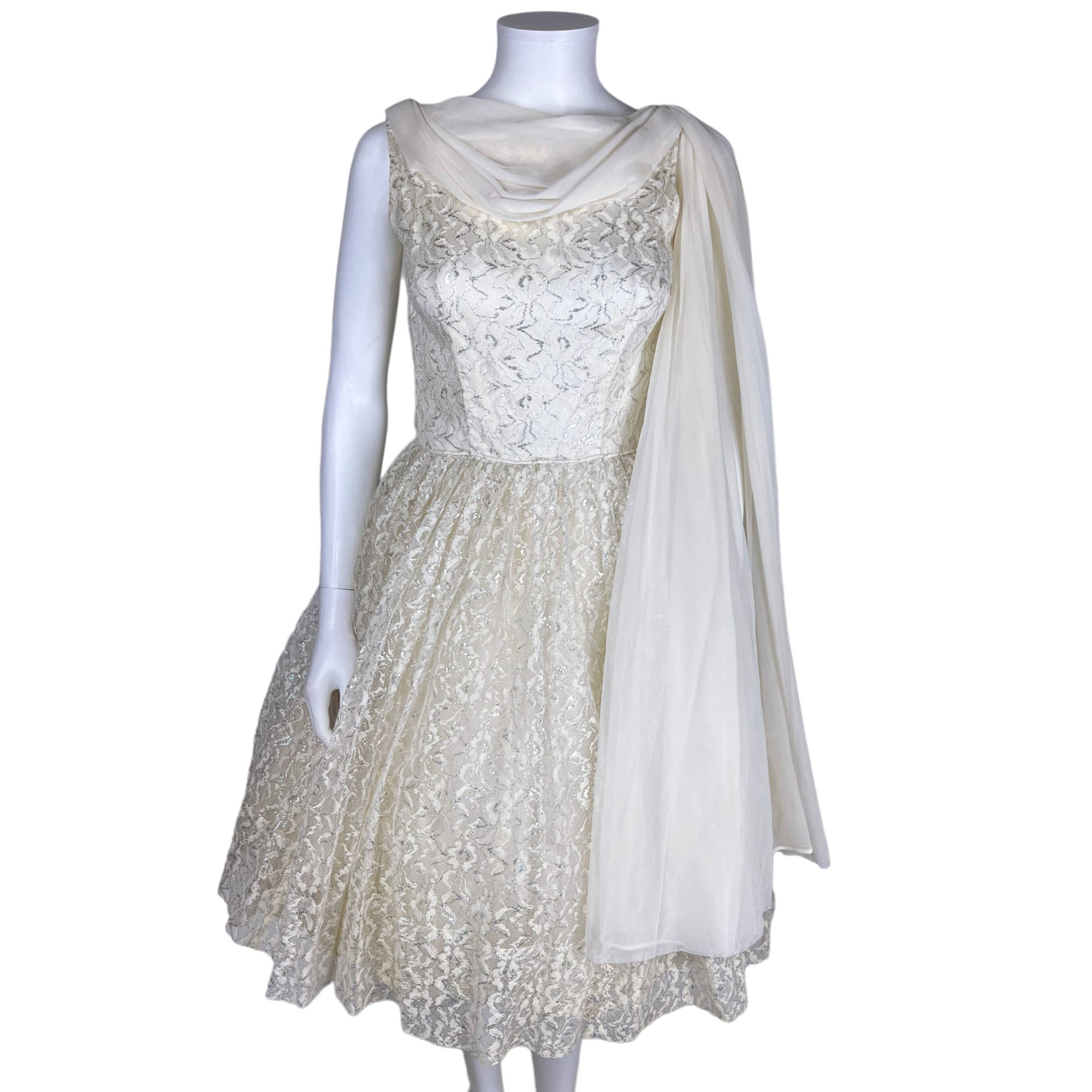 Vintage 1950s Party Dress Metallic White Lace & Taffeta Sz S
