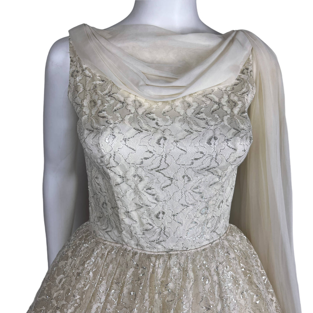 Vintage 1950s Party Dress Metallic White Lace & Taffeta Sz S