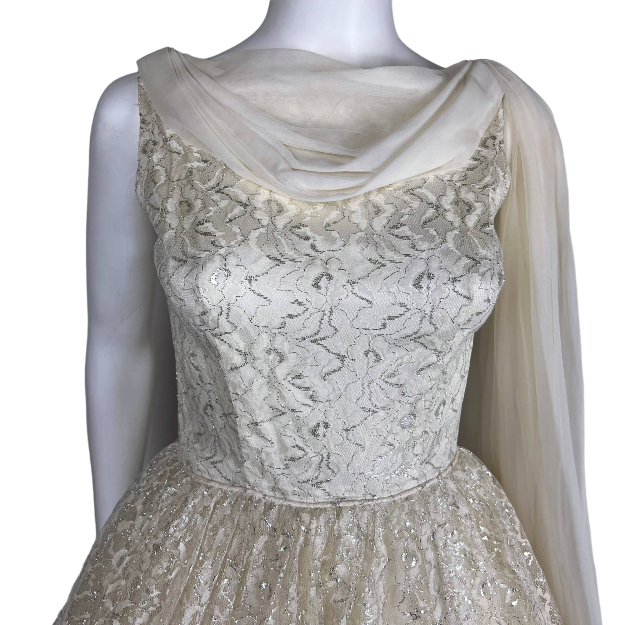 Vintage 1950s Party Dress Metallic White Lace & Taffeta Sz S
