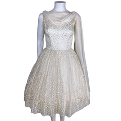 Vintage 1950s Party Dress Metallic White Lace & Taffeta Sz S