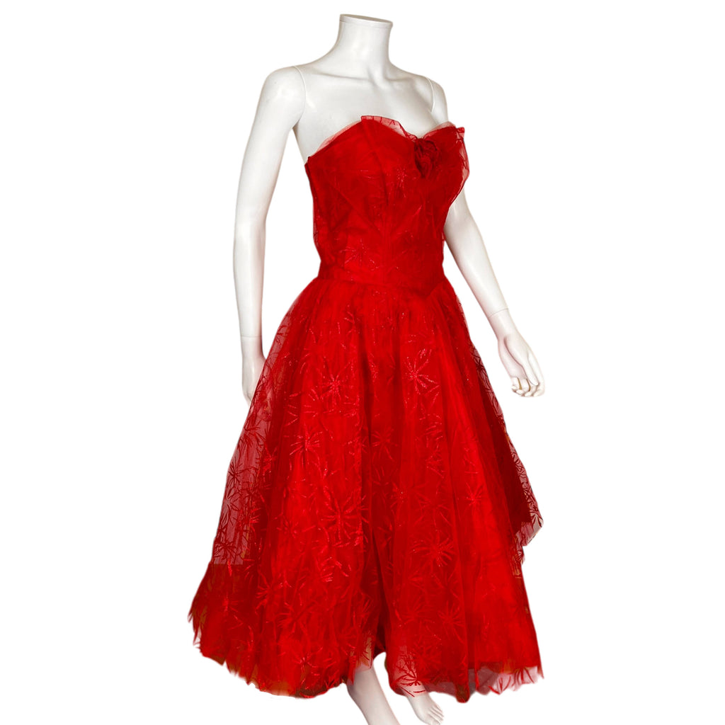 Vintage 1950s Prom Dress Strapless Red Tulle Ball Gown Sz M
