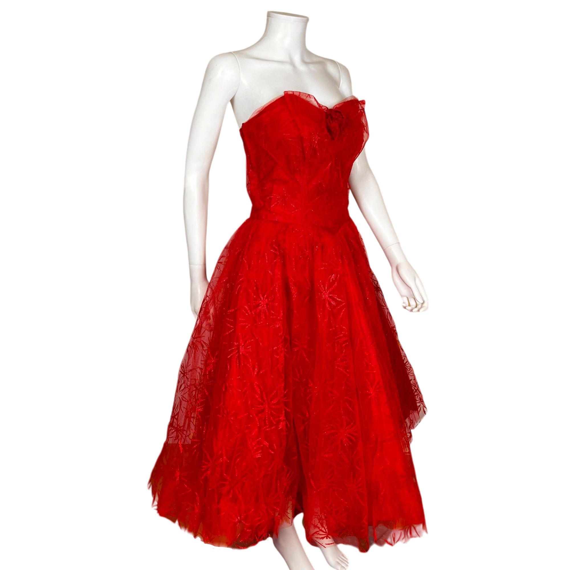 Vintage 1950s Prom Dress Strapless Red Tulle Ball Gown Sz M