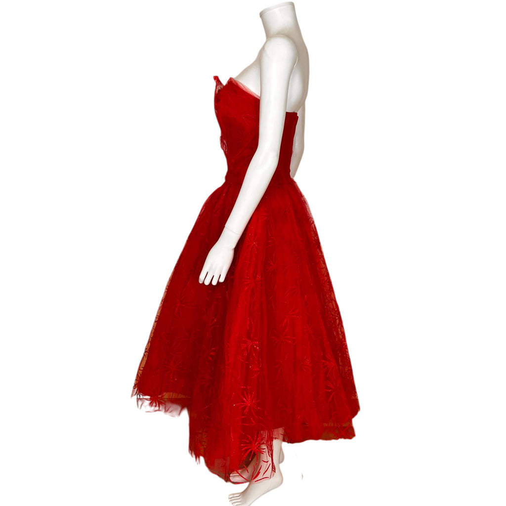 Vintage 1950s Prom Dress Strapless Red Tulle Ball Gown Sz M