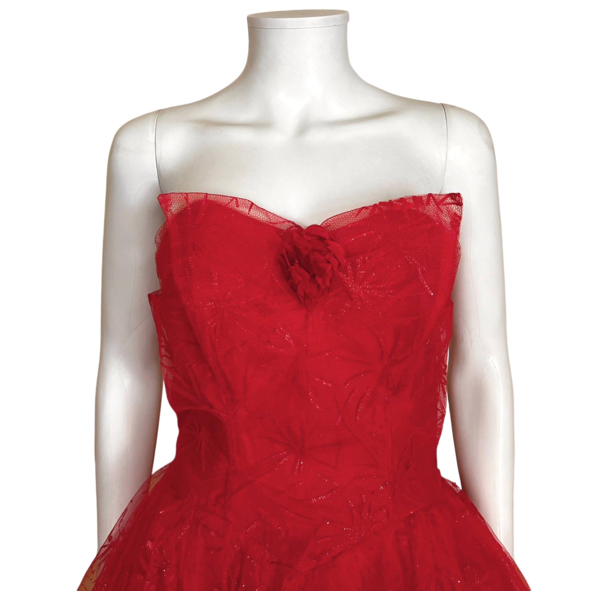 Vintage 1950s Prom Dress Strapless Red Tulle Ball Gown Sz M