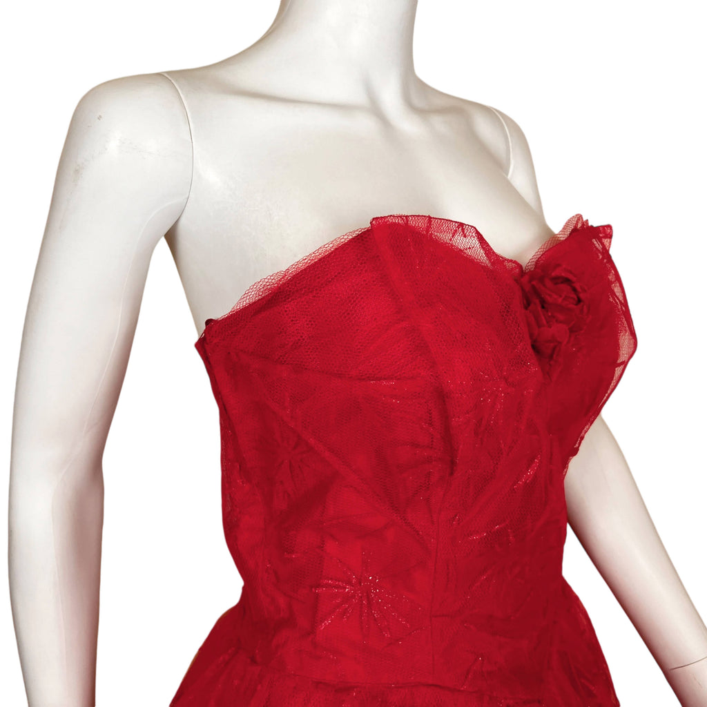 Vintage 1950s Prom Dress Strapless Red Tulle Ball Gown Sz M