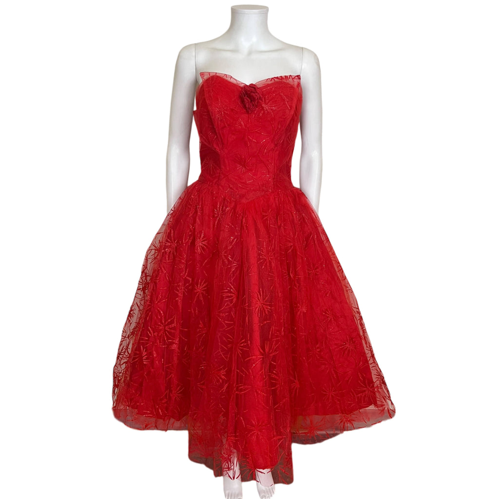 Vintage 1950s Prom Dress Strapless Red Tulle Ball Gown Sz M