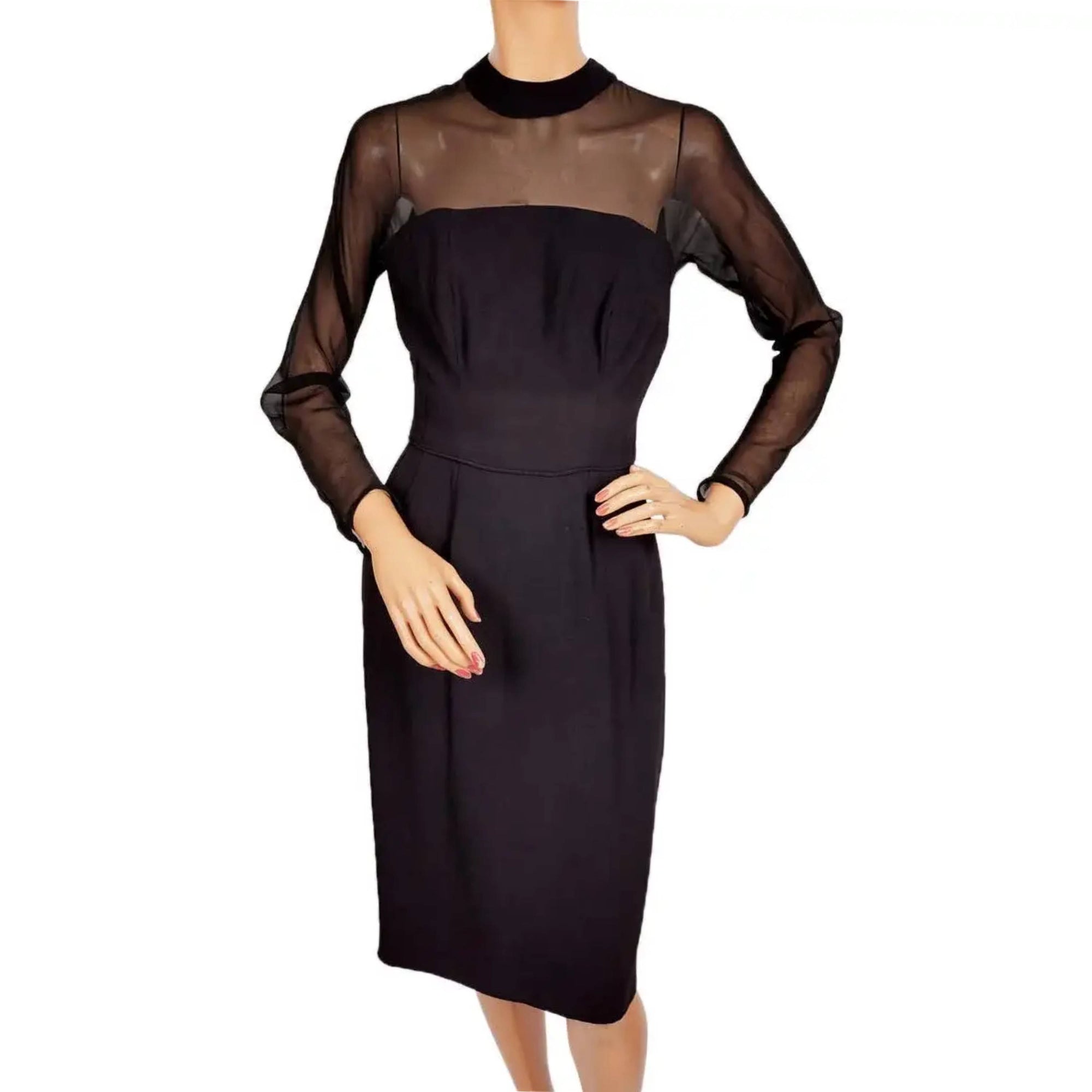 Vintage 1960s Cocktail Dress Black Silk Chiffon and Crepe S