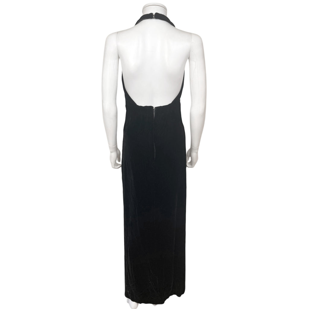 Vintage 1960s Black Velvet Evening Gown Halter Dress Size M