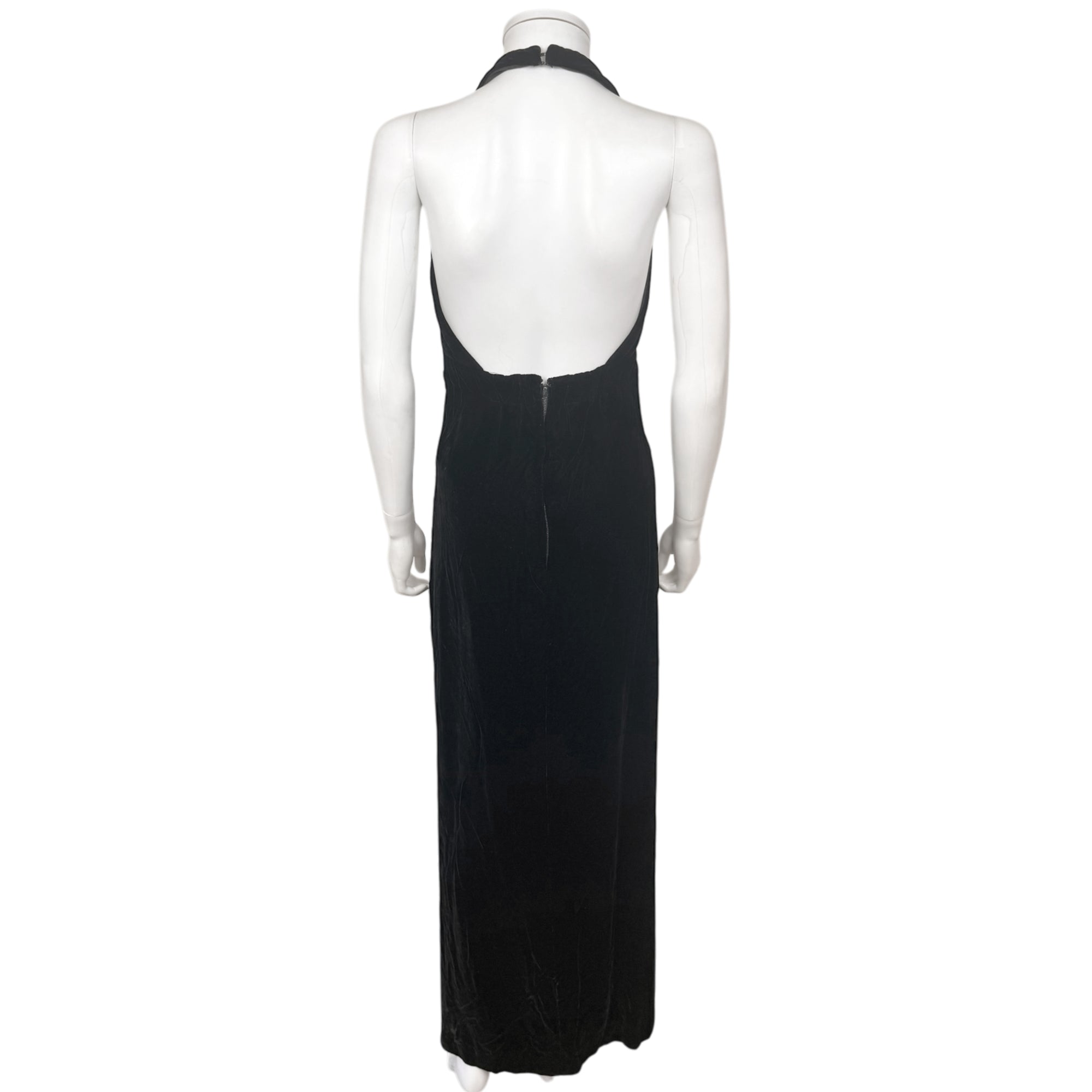 Vintage 1960s Black Velvet Evening Gown Halter Dress Size M