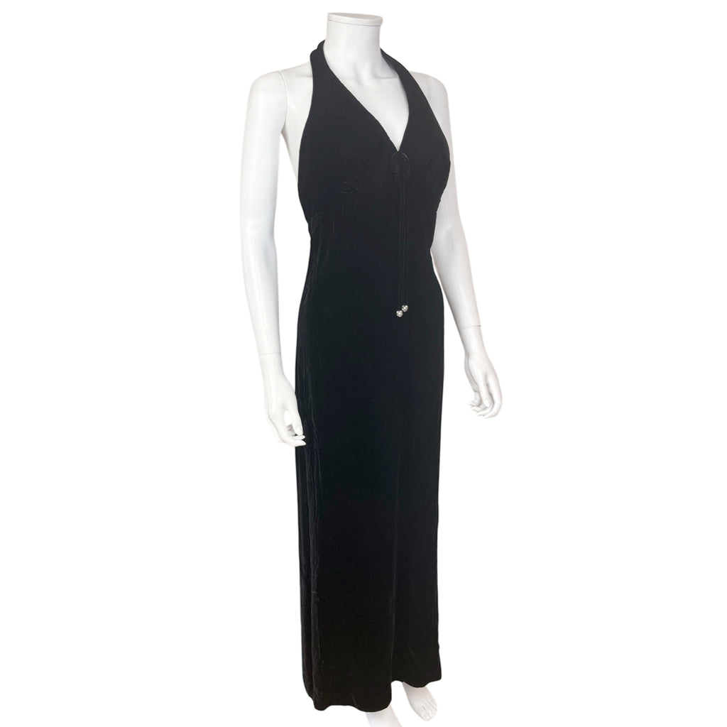 Vintage 1960s Black Velvet Evening Gown Halter Dress Size M