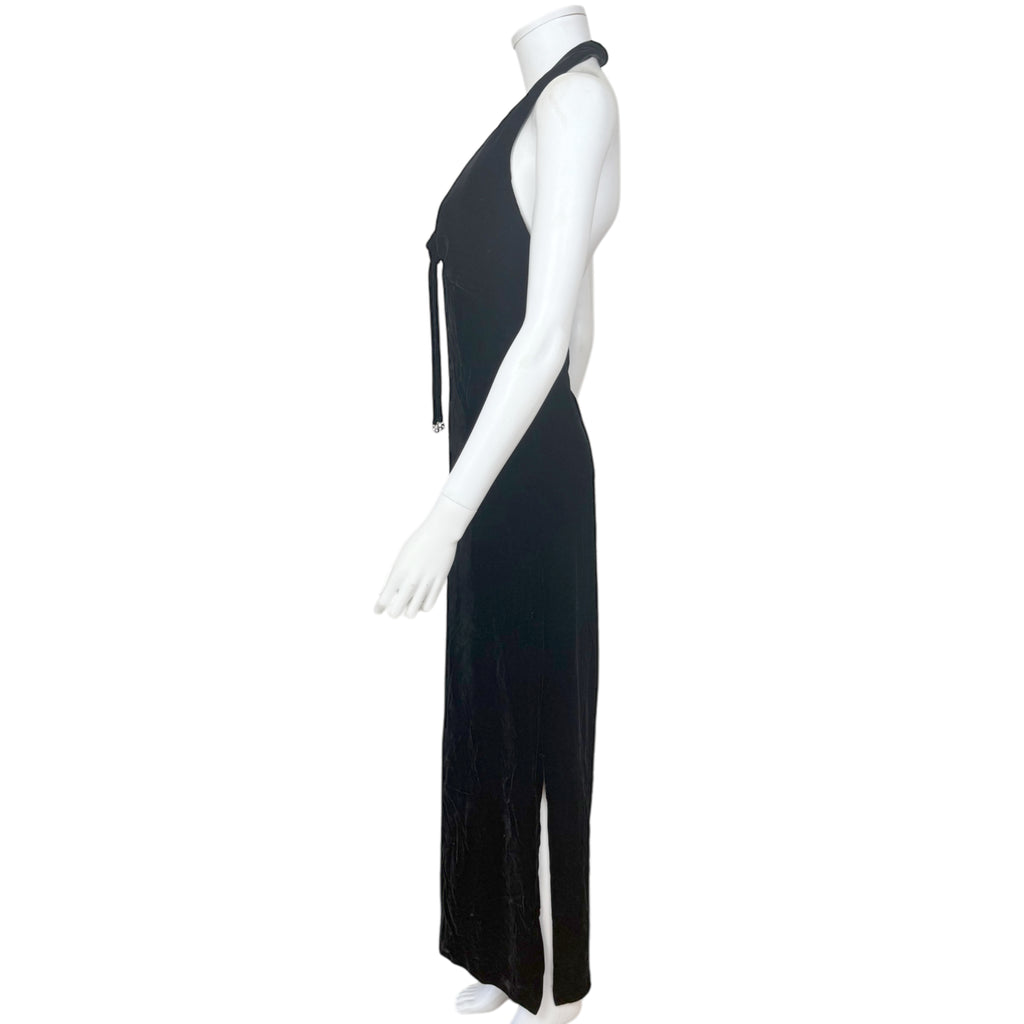 Vintage 1960s Black Velvet Evening Gown Halter Dress Size M
