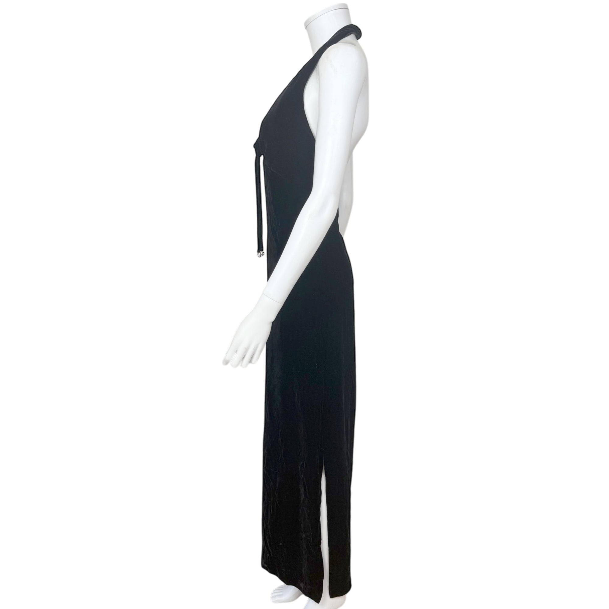 Vintage 1960s Black Velvet Evening Gown Halter Dress Size M