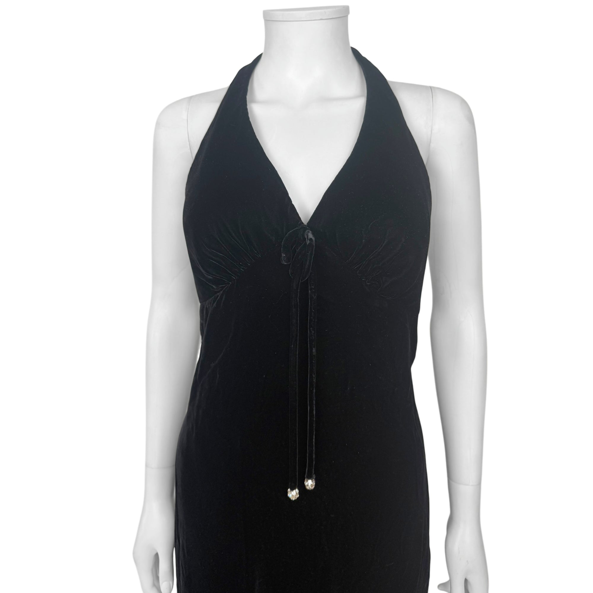 Vintage 1960s Black Velvet Evening Gown Halter Dress Size M