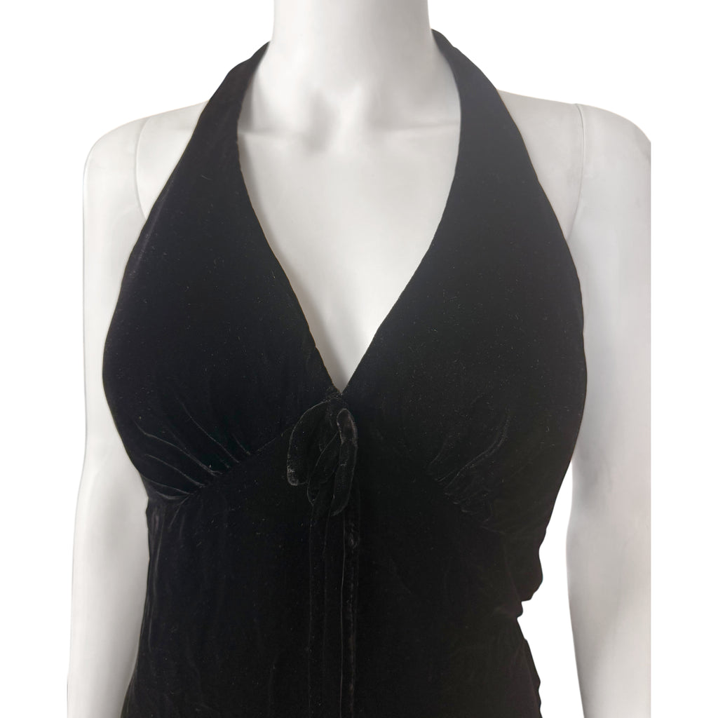 Vintage 1960s Black Velvet Evening Gown Halter Dress Size M