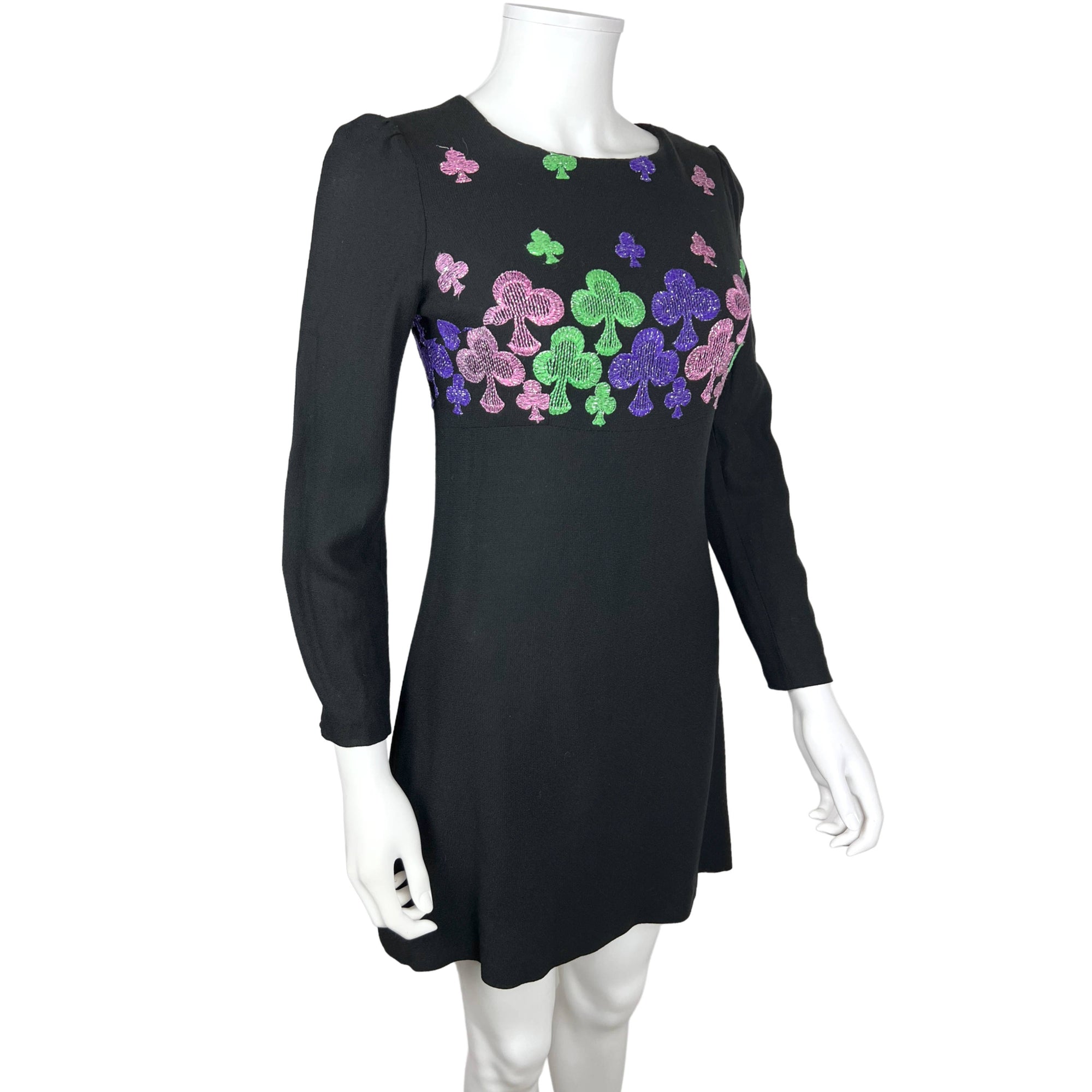 Vintage 1960s Mini Dress Embroidered Shamrocks on Black Sz S