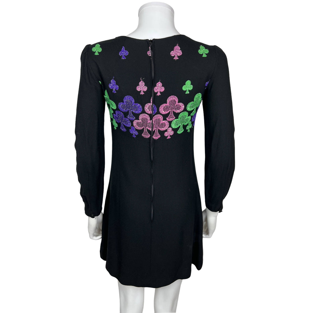Vintage 1960s Mini Dress Embroidered Shamrocks on Black Sz S