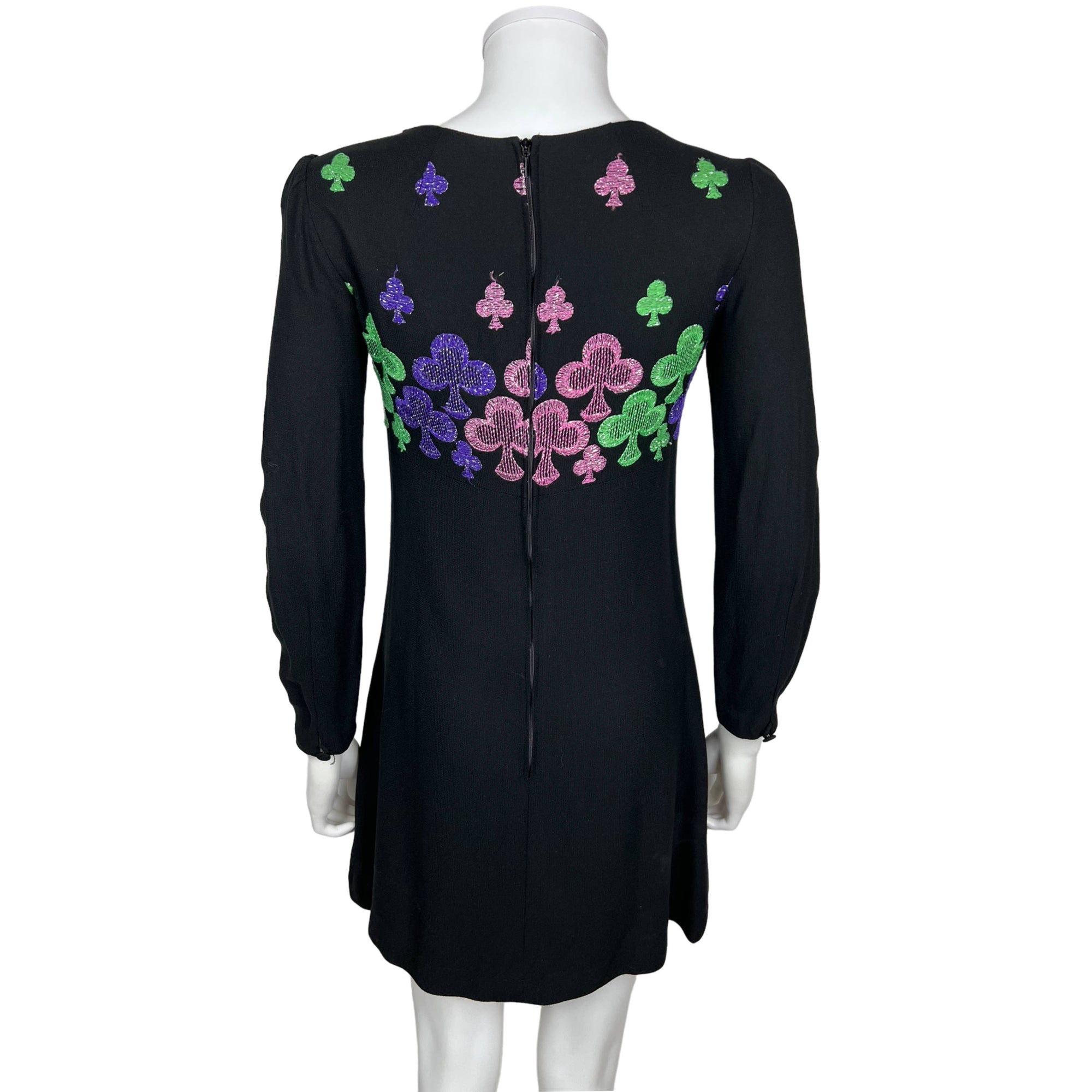 Vintage 1960s Mini Dress Embroidered Shamrocks on Black Sz S