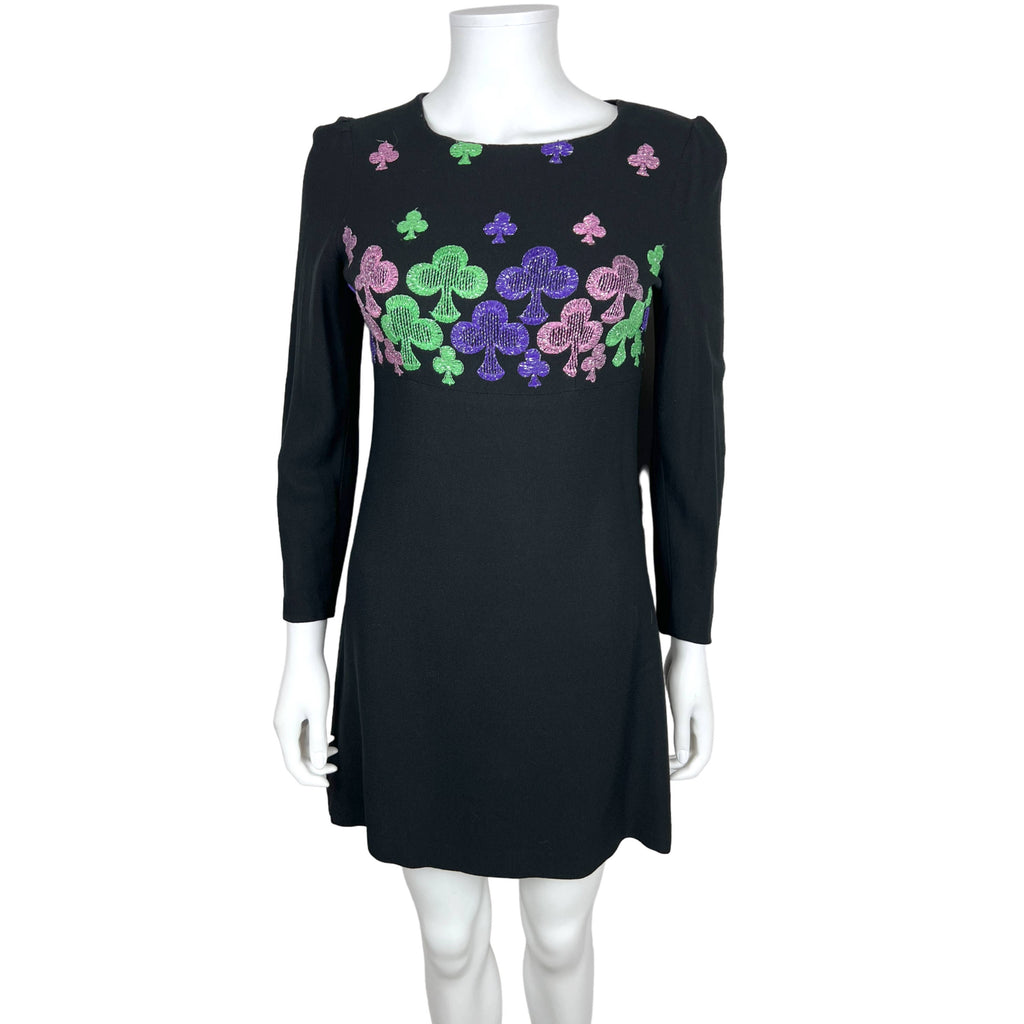 Vintage 1960s Mini Dress Embroidered Shamrocks on Black Sz S