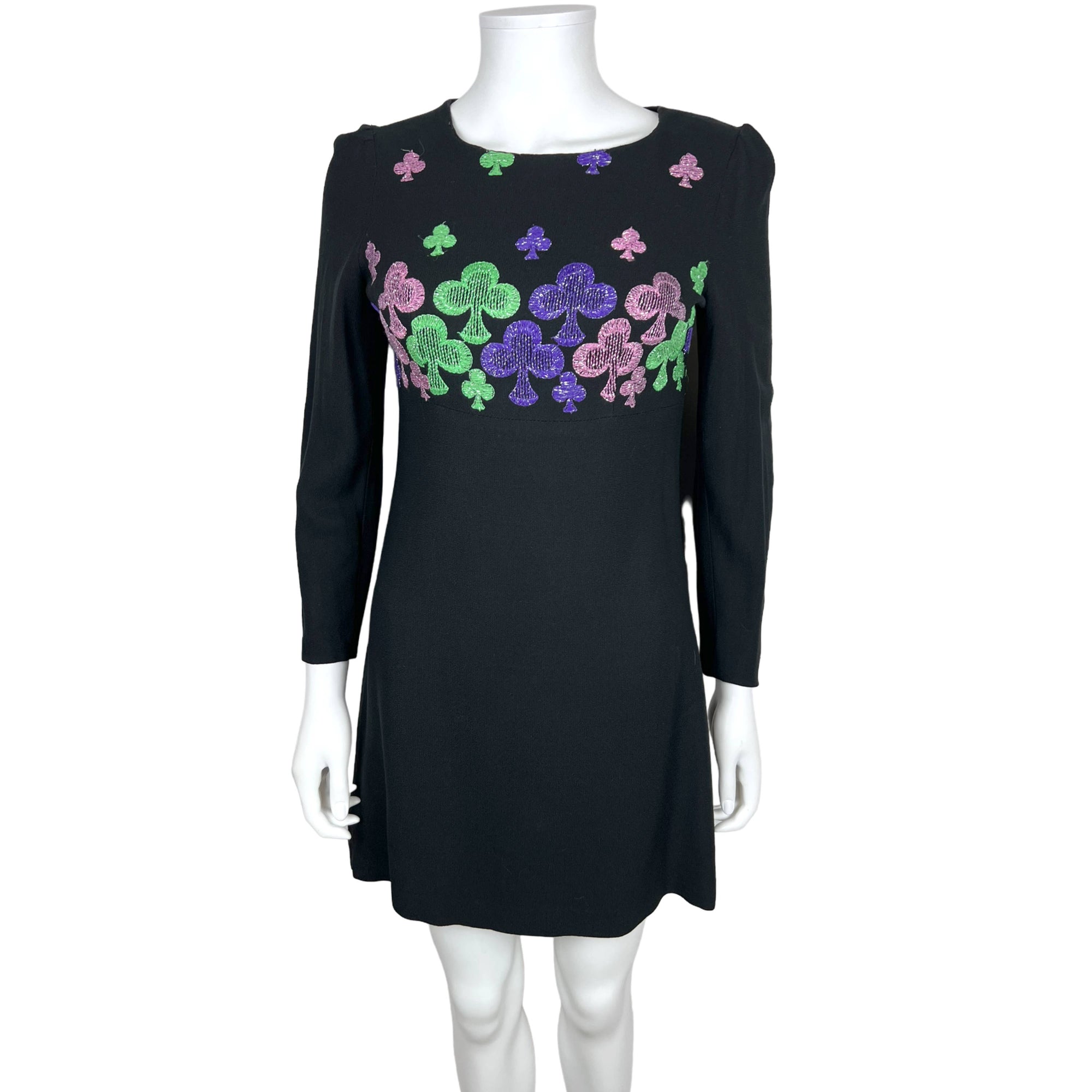 Vintage 1960s Mini Dress Embroidered Shamrocks on Black Sz S