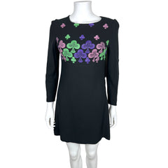 Vintage 1960s Mini Dress Embroidered Shamrocks on Black Sz S