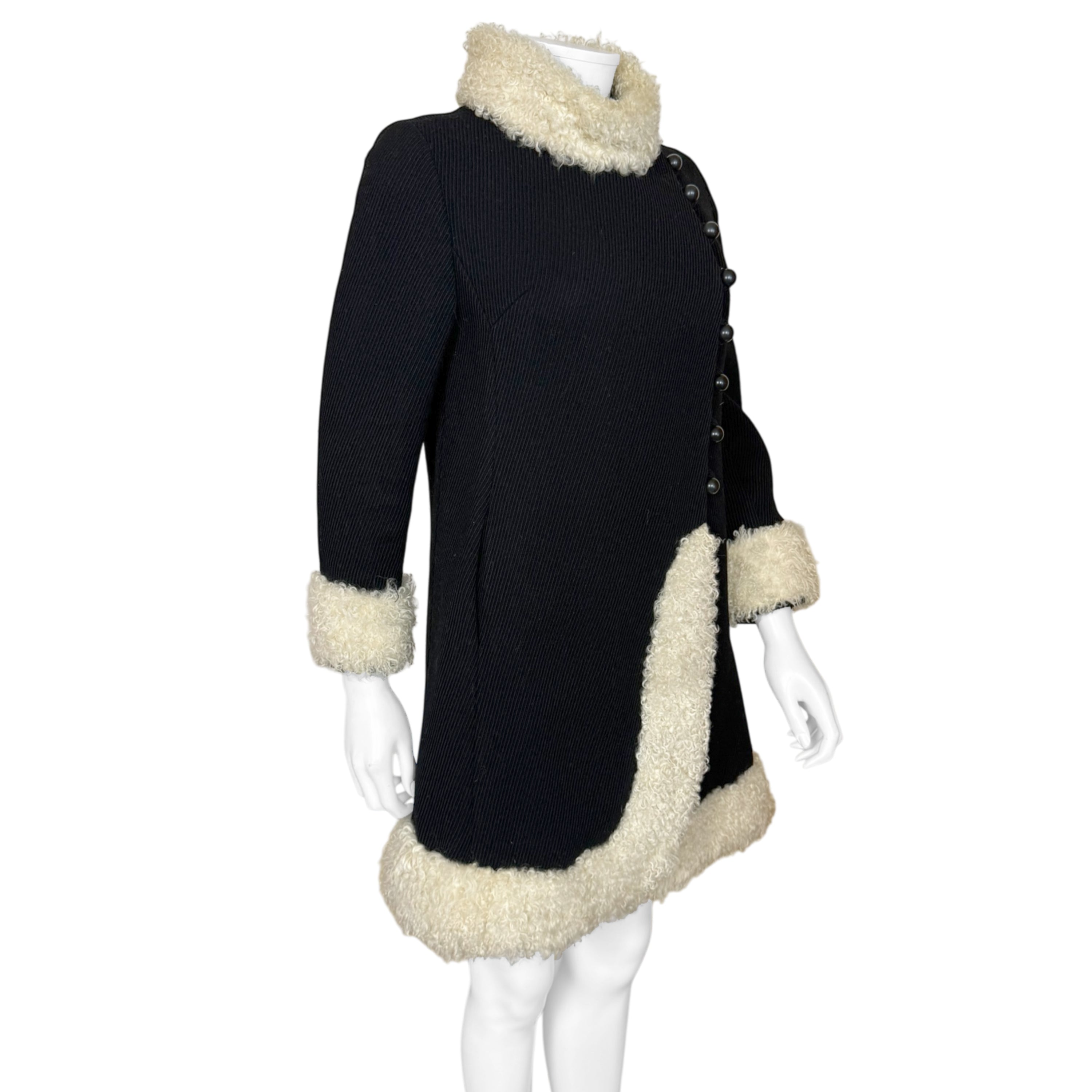 1960s Black Wool Coat Mouton Fur Trim Dr Zhivago Coat Vintage