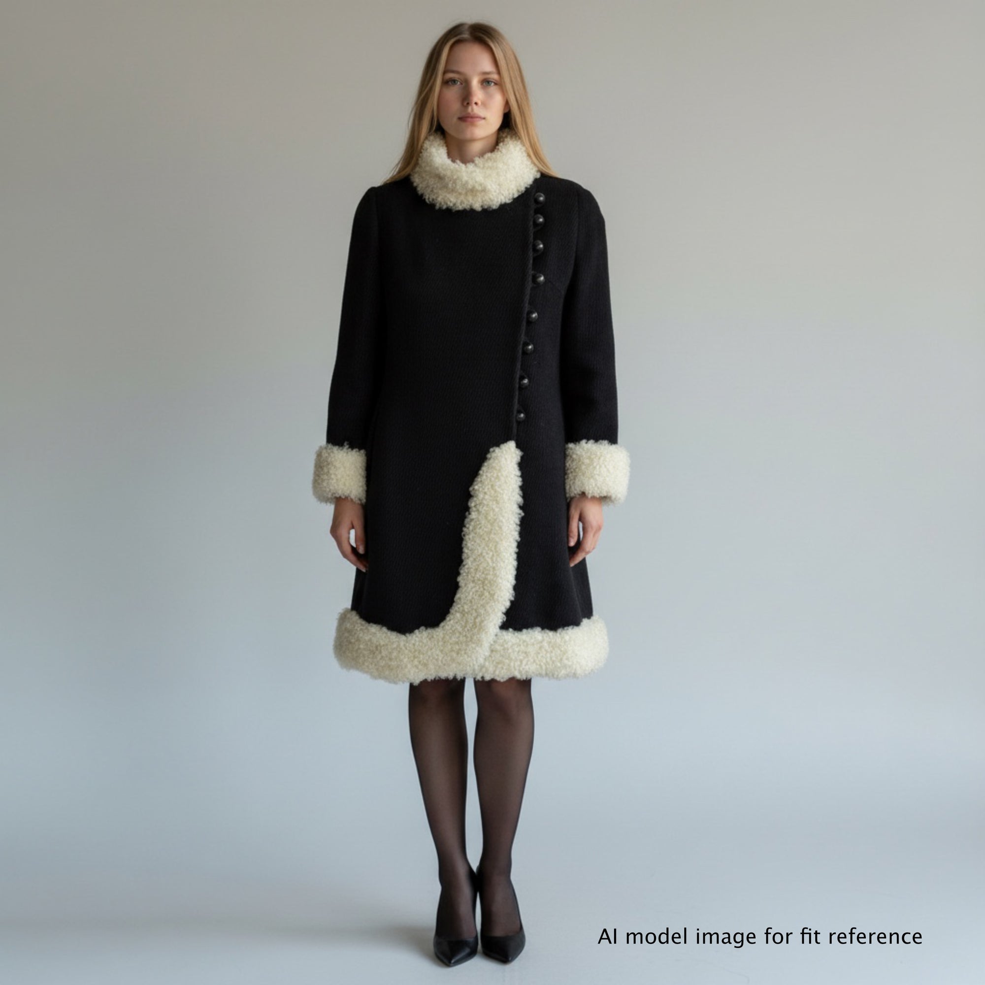 AI model wearing 1960s black wool coat mouton trim front