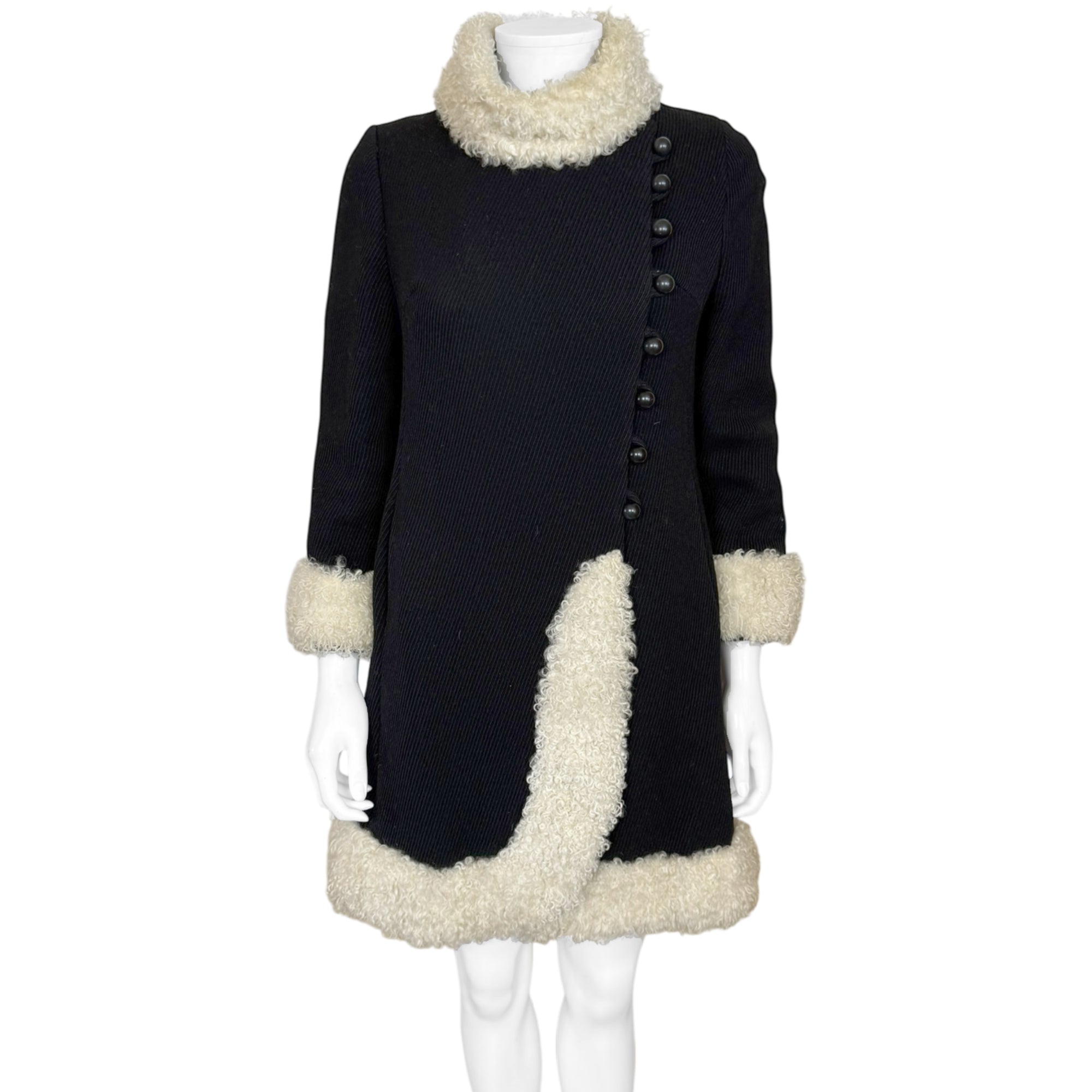 1960s black wool coat mouton trim front