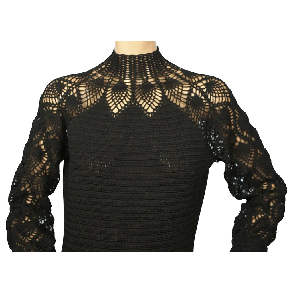 Vintage 1970s Crochet Long Dress Black Knit Size M