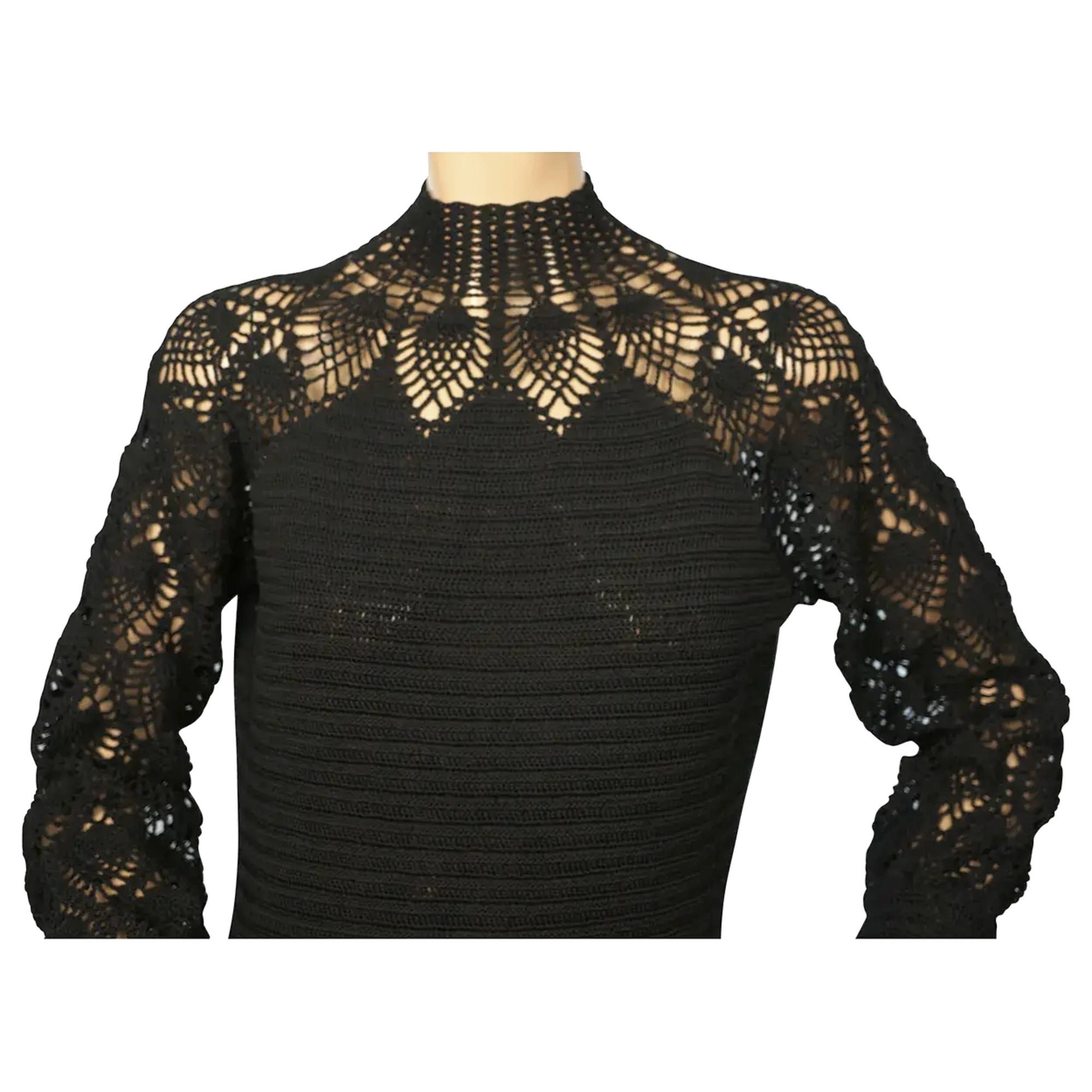 Vintage 1970s Crochet Long Dress Black Knit Size M