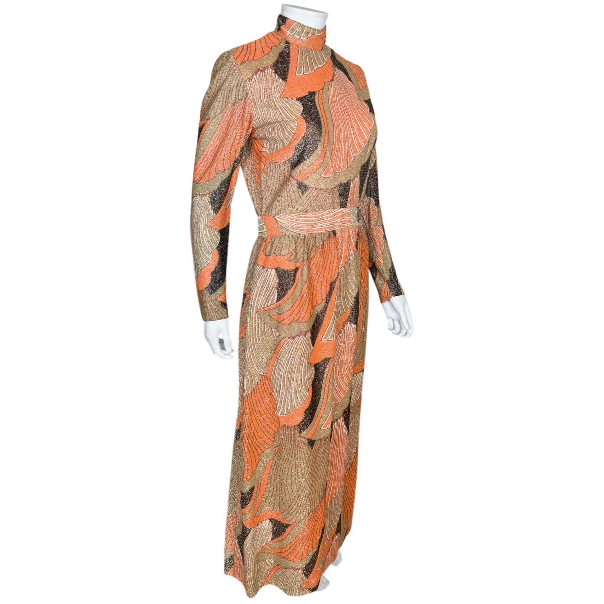 Vintage 1970s Maxi Dress Metallic Knit with Abstract Pattern Size M